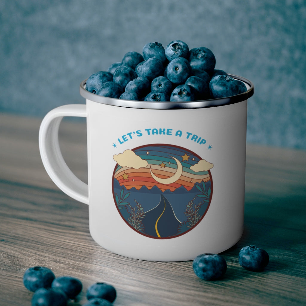 Camping Mug with Adventure Graphic - Insulated Enamel Travel Coffee & Tea Cup for Outdoor Hiking, Backpacking, and Road Trips - Perfect Gift for Campers and Travel Lovers