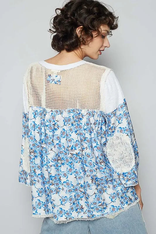 Boho Floral Print Crochet Detail Top - Loose Fit Beach Shirt for Women | Summer Vacation, Music Festival & Casual Outfit
