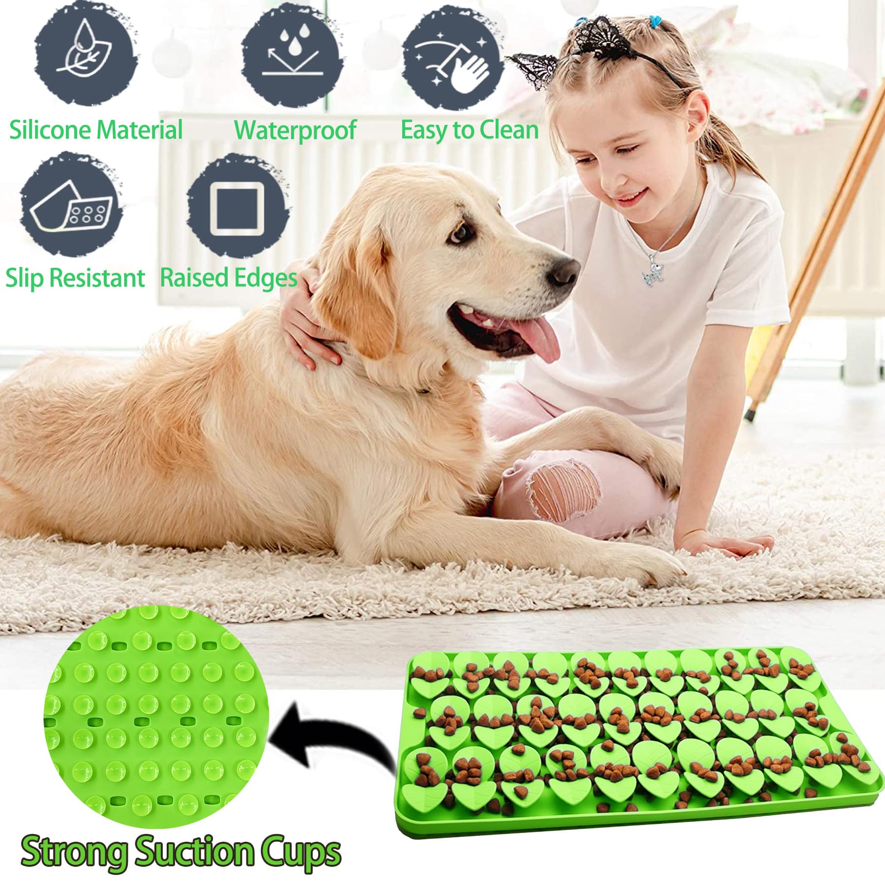 **Medium Silicone Snuffle Mat for Small & Medium Dogs & Cats - Slow Feeder Lick Mat for Dry & Wet Food - Encourages Natural Foraging Skills & Relieves Stress - Perfect for Pet Training, Mealtime Enrichment & Anxiety Relief (Green)**