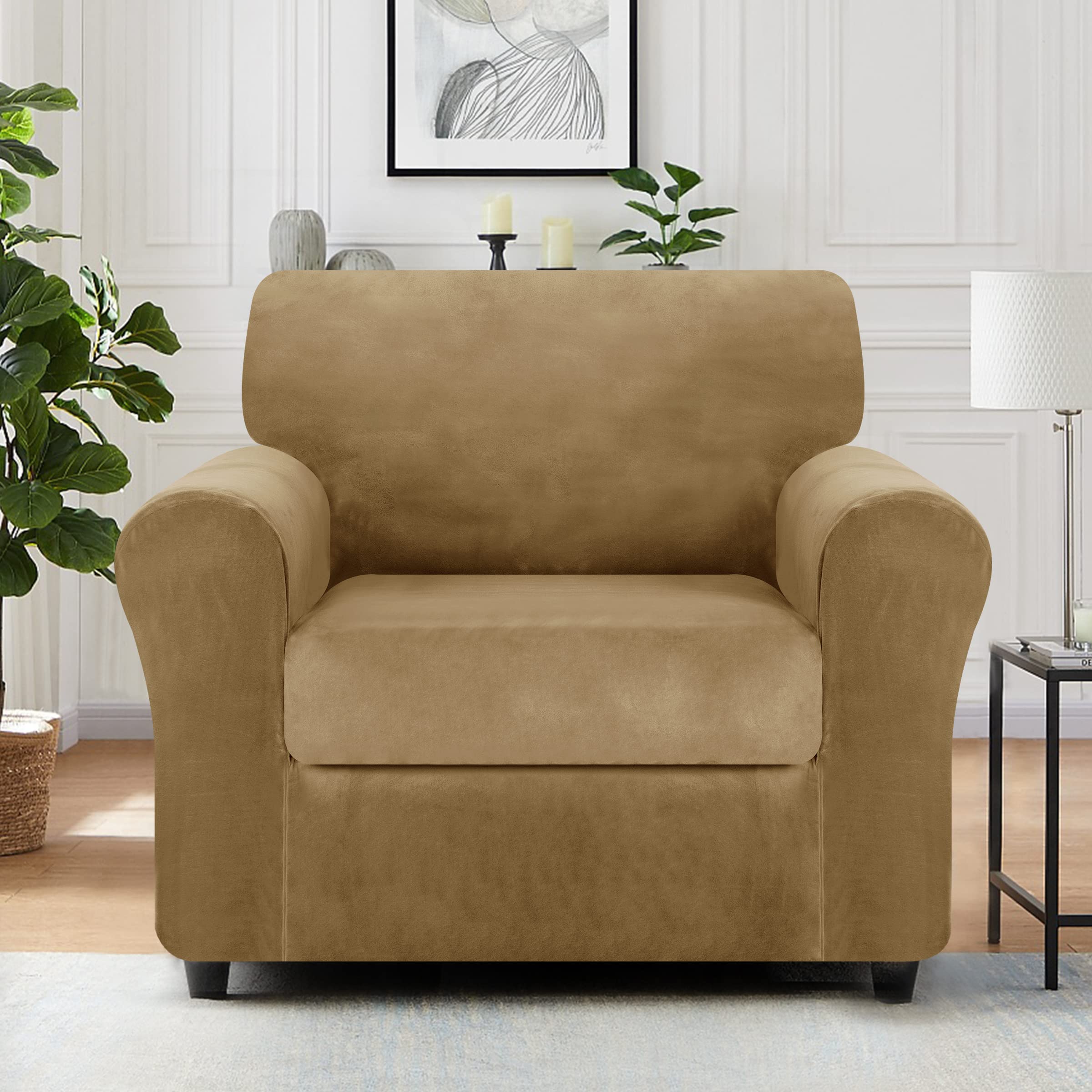 SUBRTEX Velvet Plush Sofa Slipcover - High Stretch Couch Cover with Separate Cushion Covers, Loveseat Protector, Machine Washable (Sand, Small) - Perfect for Living Room, Apartment & Pet-Friendly Furniture Protection
