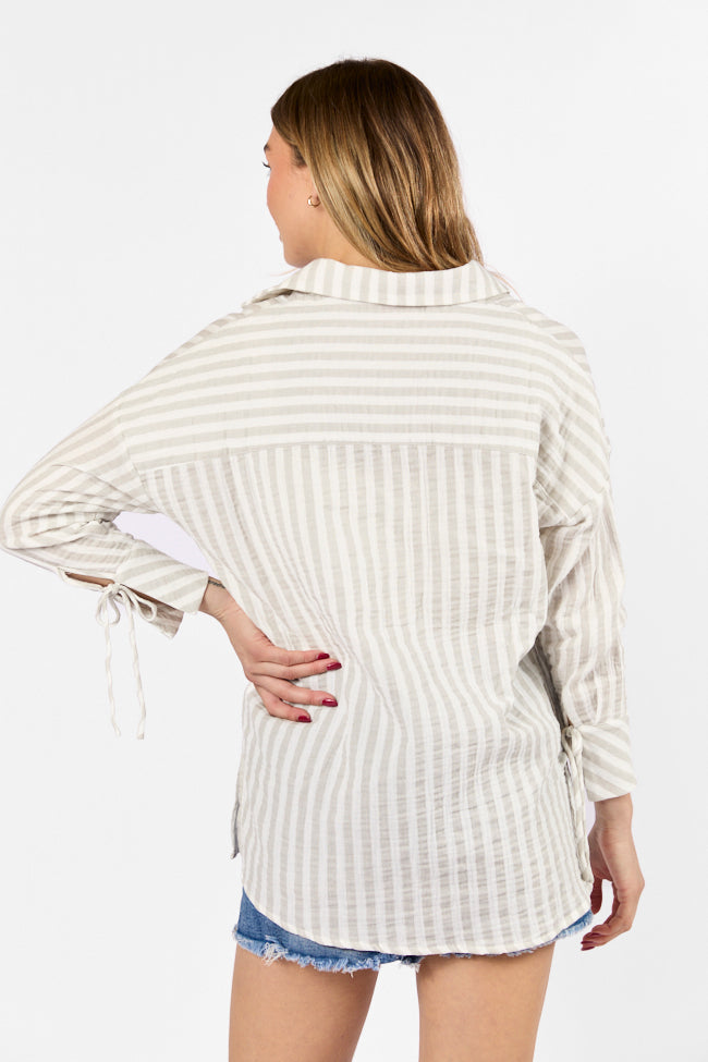 Cruel Summer Tan and Ivory Striped Gauze Button Down Shirt for Women | Lightweight Breathable Summer Blouse | Perfect for Beach Vacations, Music Festivals & Casual Outings