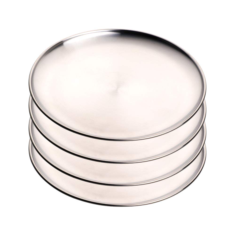 4-Piece Stainless Steel Dinner Plates Set - 9.1 Inch Colorful Metal Platters for Camping, Picnics & Outdoor Dining - Dishwasher Safe, Scratch-Resistant & Durable (Silver) - Perfect for BBQs, Parties & RV Trips