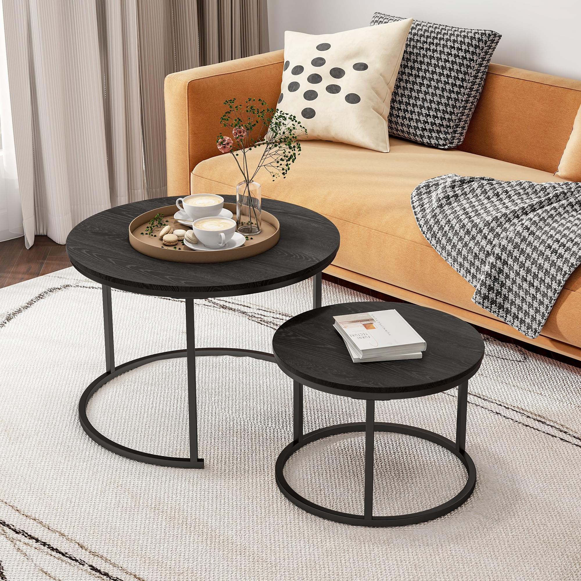 Black Round Coffee Table Set of 2 - Wooden Nesting End Tables with Metal Frame for Living Room, Sturdy Stacking Side Tables - Easy Assembly - Perfect for Small Spaces, Sofa Side, and Home Decor