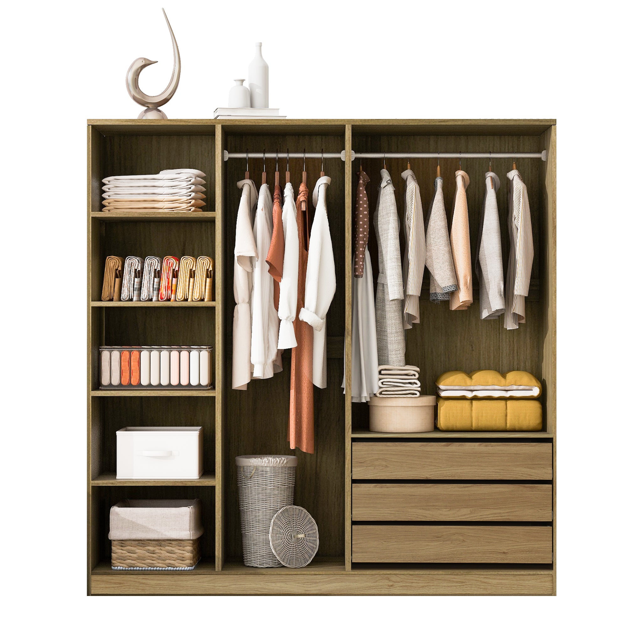 Natural Wooden Doorless Wardrobe with Shelves & 3 Drawers - Bedroom Closet Storage Organizer for Clothes, Shoes & Accessories | Perfect for Small Spaces & Modern Home Decor