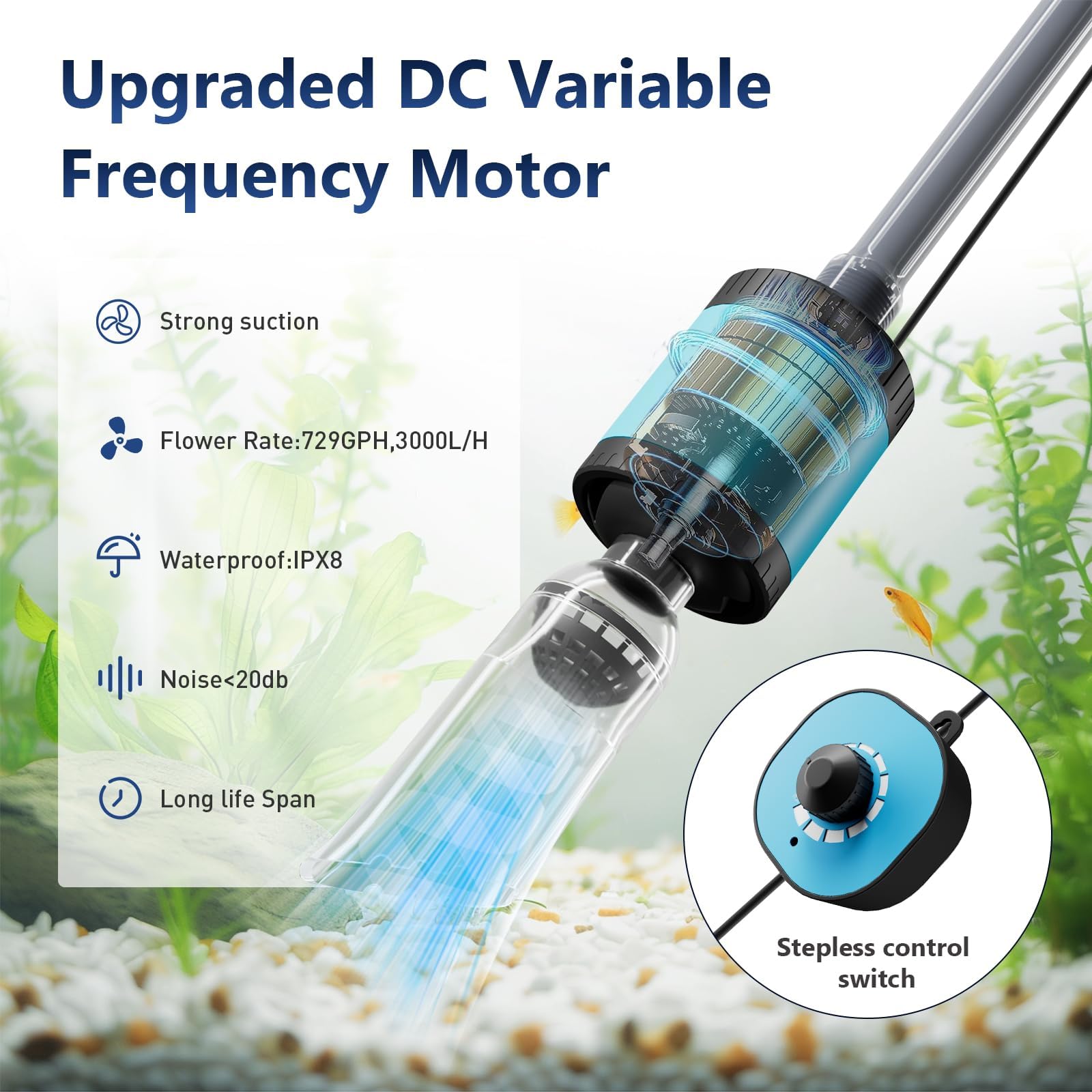 12V Electric Gravel Vacuum for Aquarium - Upgraded Variable Frequency Motor | 6-in-1 Versatile Siphon Pump for Fish Tank Cleaning | 729GPH (3000L/H) Powerful Water Changer | Perfect for Freshwater & Saltwater Tank Maintenance