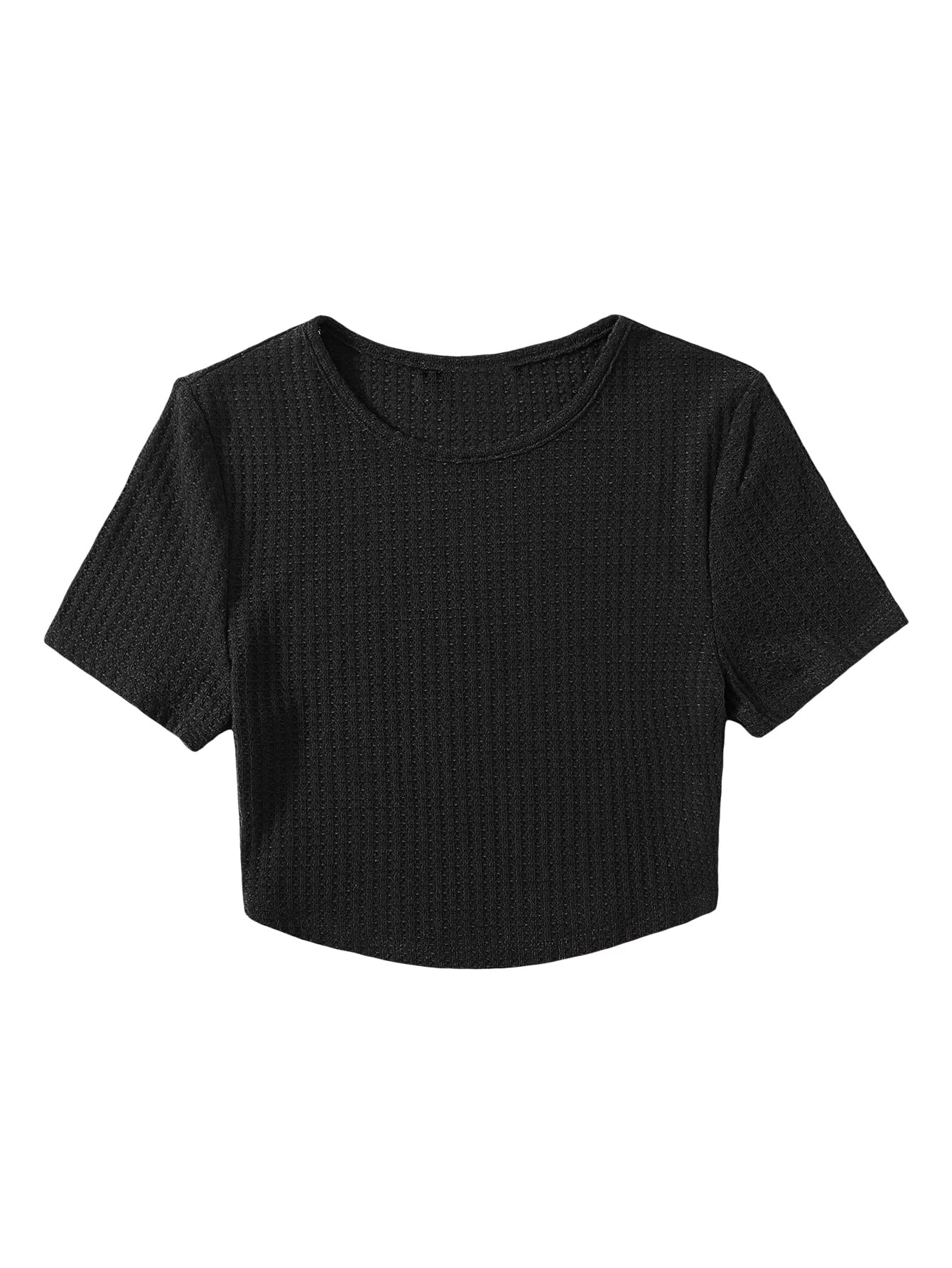 Romwe Women's Summer Short Sleeve Round Neck Waffle Knit Fitted Crop Tee Shirt - Stylish Casual Tops for Women | Perfect for Beach, Vacation & Everyday Wear