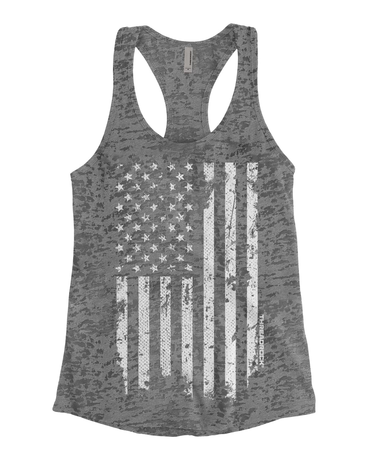 Threadrock Women's White Distressed American Flag Burnout Racerback Tank Top - Vintage Patriotic Summer T-Shirt for Casual Wear, Beach Outfits & 4th of July Celebrations