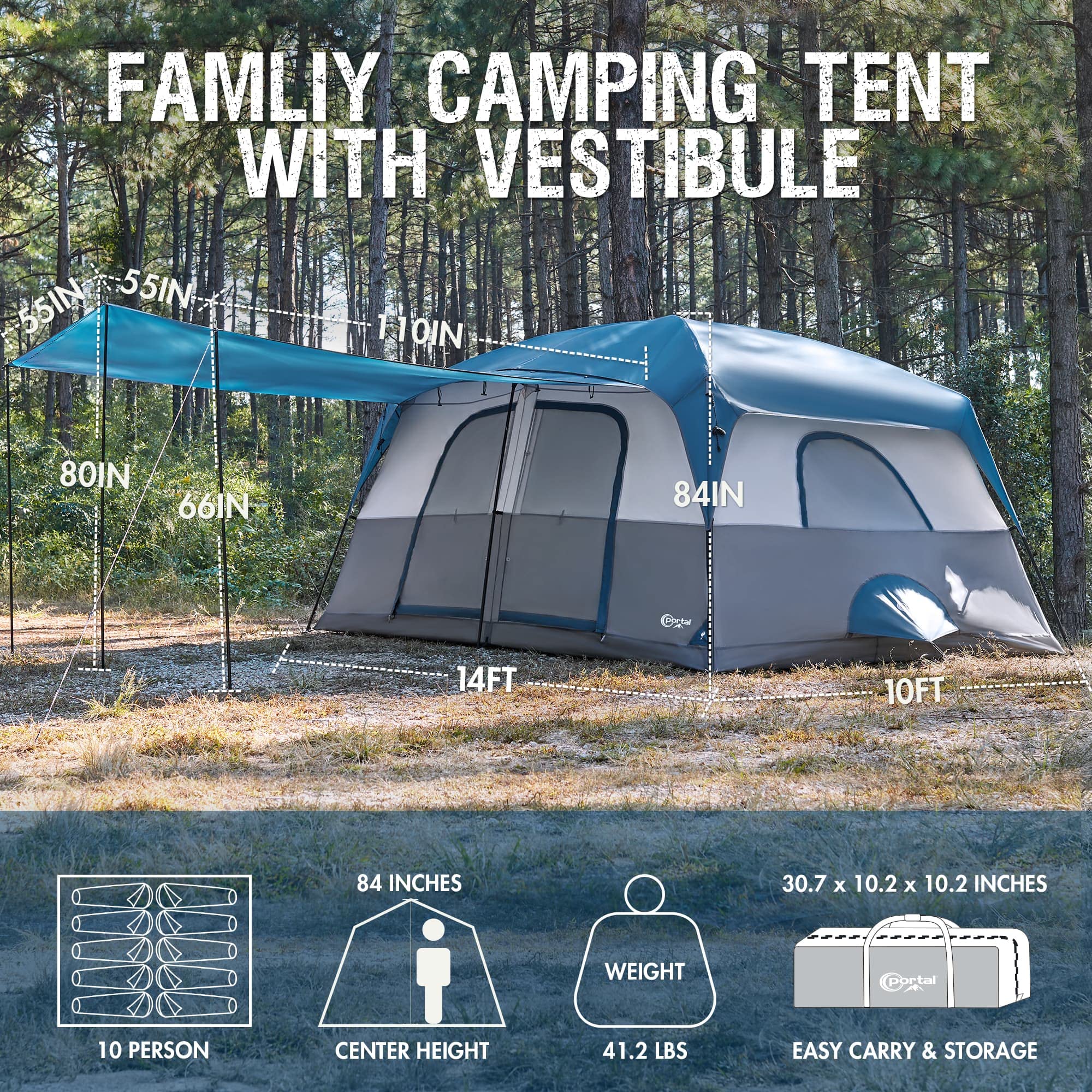 PORTAL 6 | 8 | 10 Person Family Camping Tent with Porch - Spacious Waterproof Large Tent with High Ceiling & Ventilation for Outdoor Adventures, Backyard Camping, and Family Gatherings