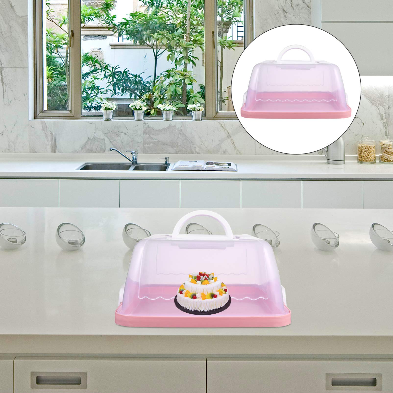 Pink Plastic Cake Carrier with Lid & Handle - Portable Square & Round Cake Container for Birthday, Wedding, Cupcakes - Food Storage Keeper Dome for Home, Bakery & Party Use