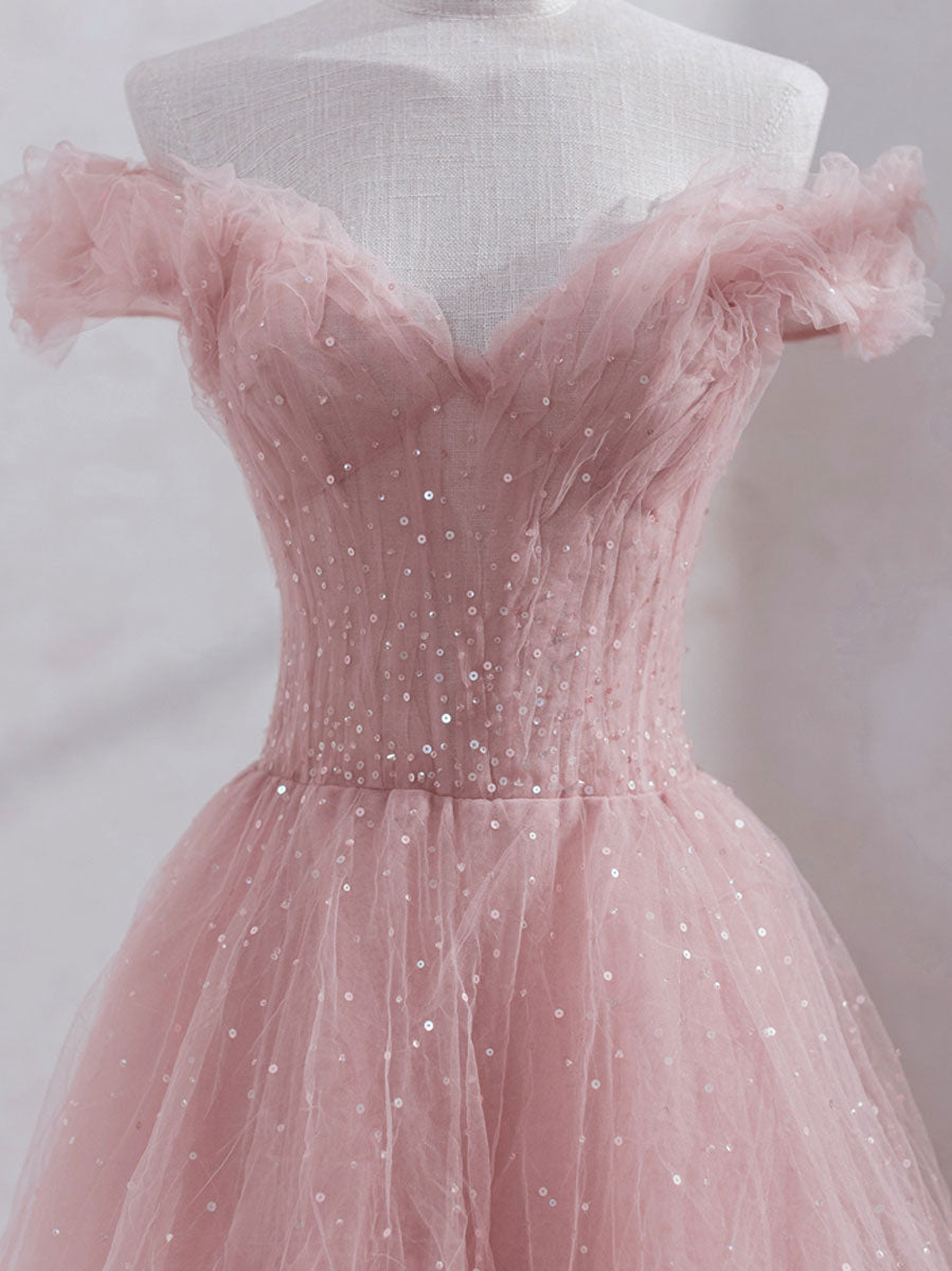 Elegant Pink Off-Shoulder Tulle Tea-Length Prom Dress for Women - Formal Evening Gown for Homecoming, Wedding Guest, or Special Occasions