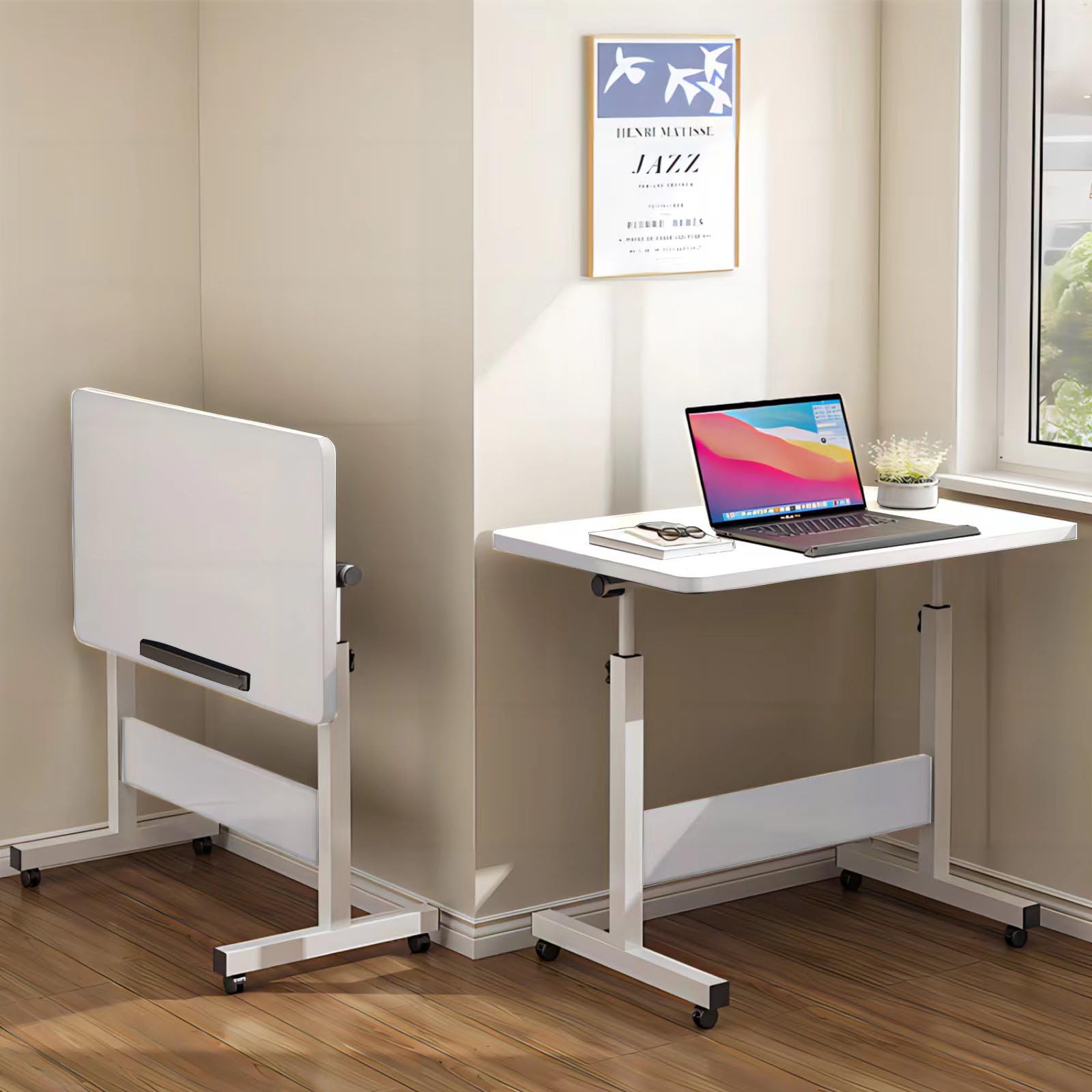 Adjustable Height Small Standing Desk - 31.5 Inch Folding Computer Desk for Home Office | Portable Laptop Desk with Wheels | Space-Saving Rolling Desk for Small Spaces (White, 31.5