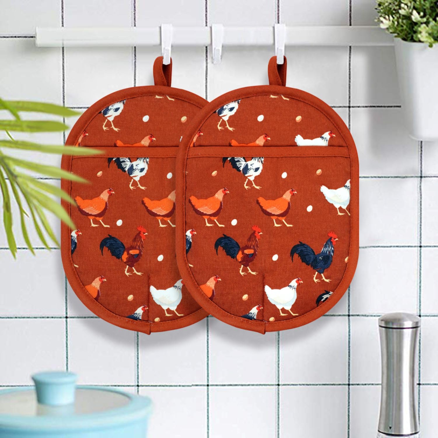 Heat Resistant Silicone Pot Holders Set of 2 - 500°F Oven Mitts with Cotton Lining for Cooking & Baking | Non-Slip Kitchen Potholders for Hot Pans, Grilling & Serving (Rooster Design)