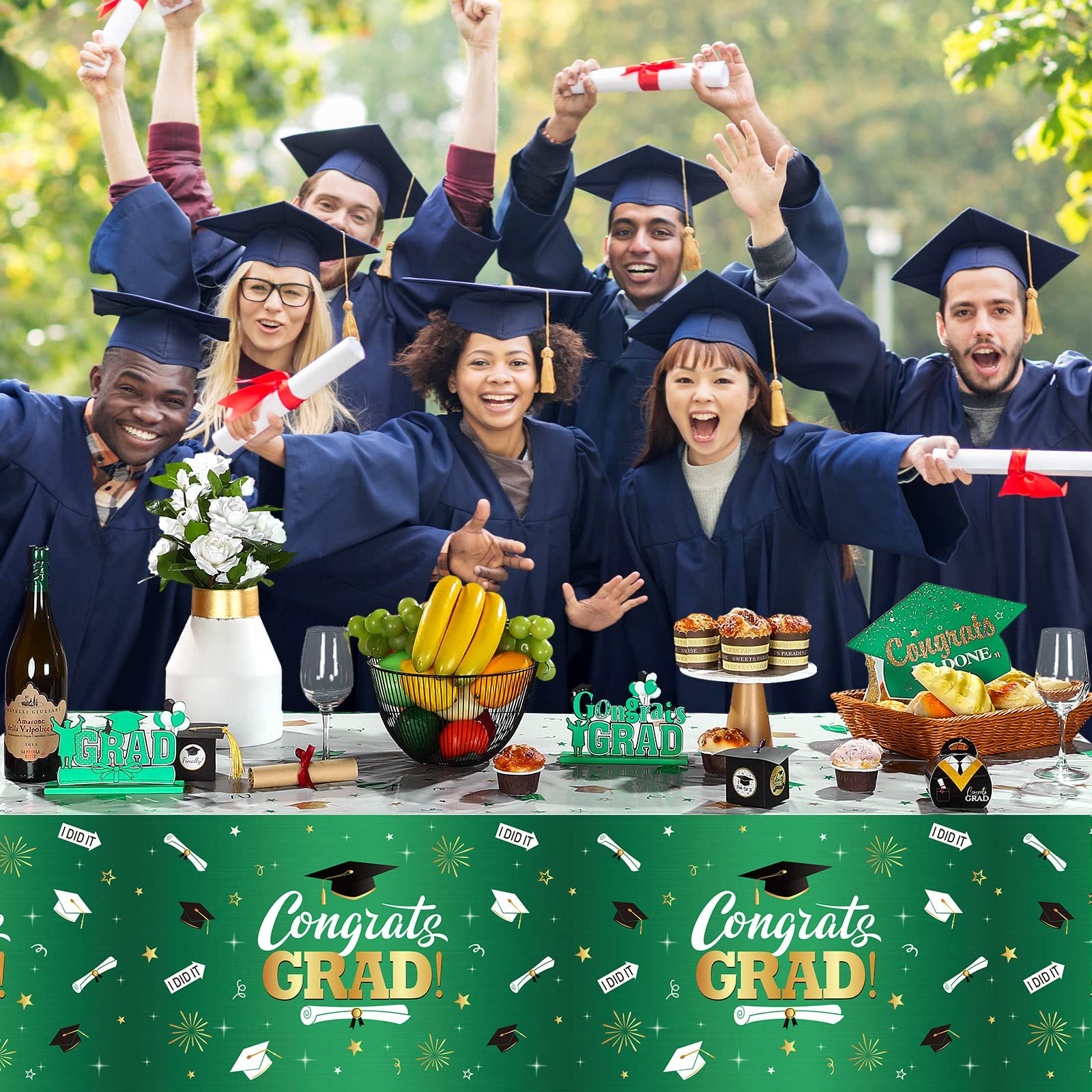 Tudomro 3-Pack Graduation Tablecloths - Class of 2023 Congratulations Grad Decorations for College & High School Prom Parties (Green) - Perfect for Graduation Ceremonies, Banquets & Celebration Decor