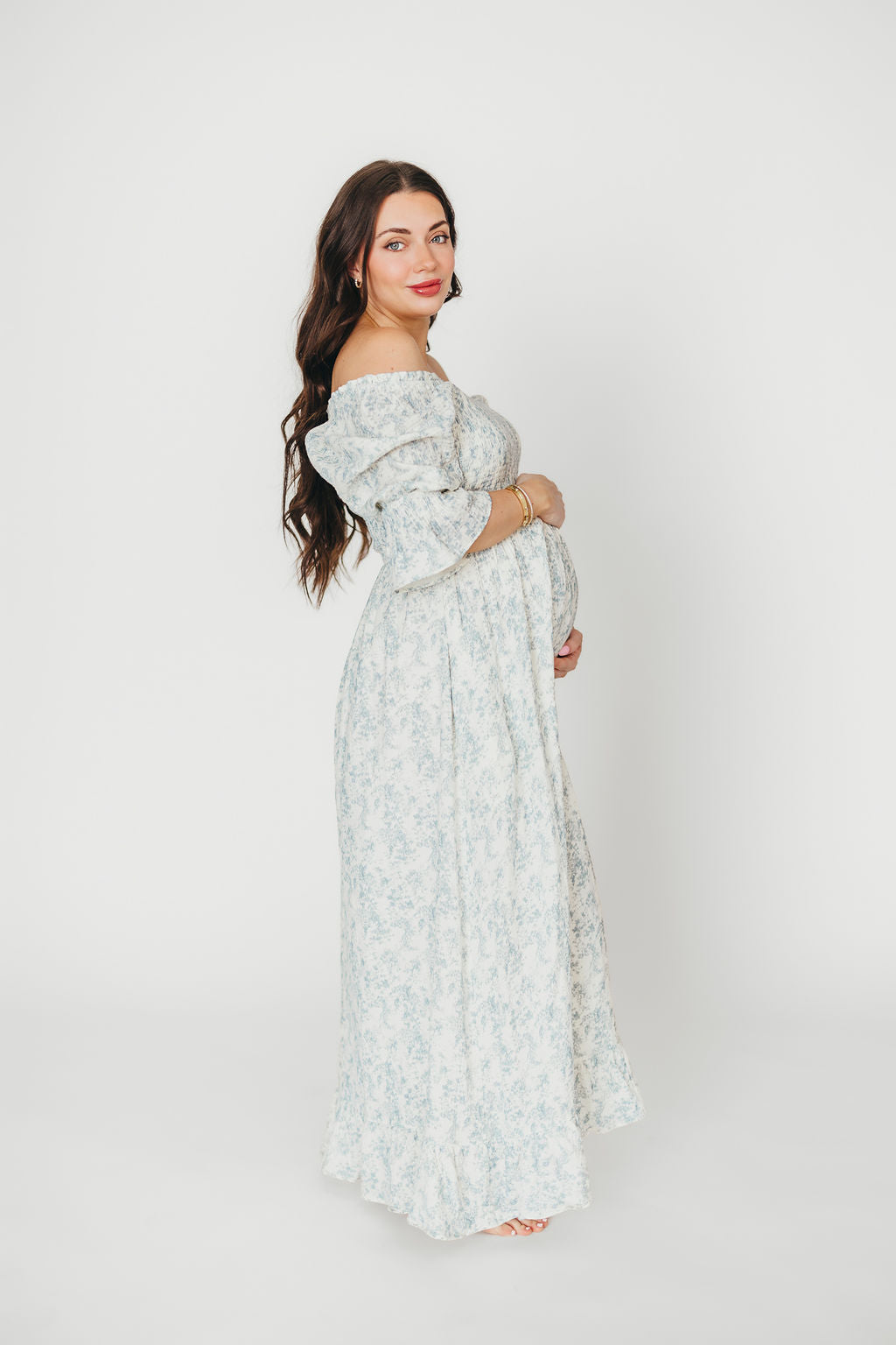 Sienna 100% Cotton Puff Sleeve Maxi Dress - Blue Floral Print Maternity Dress for Pregnancy | Bump Friendly, Comfortable & Stylish for Summer, Beach, Vacation & Special Occasions