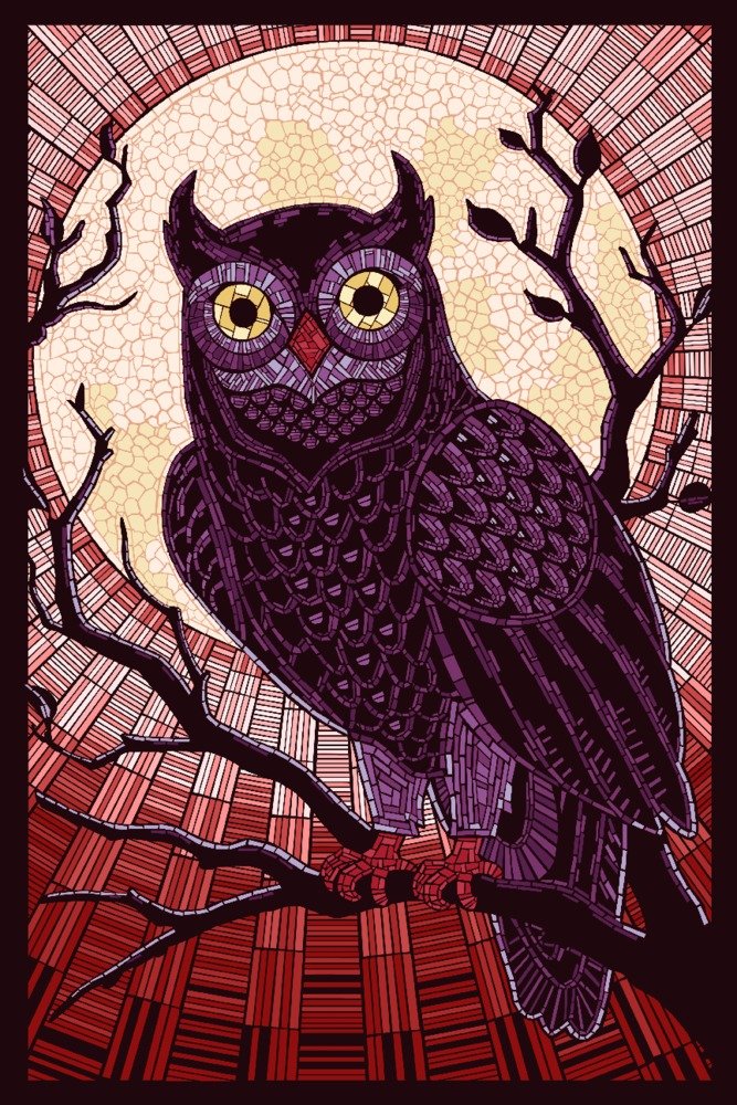 Owl Paper Mosaic Art Print - Red 24x36 Inch Signed Wall Decor Poster for Living Room, Bedroom & Office | Unique Home Decor Gift Idea