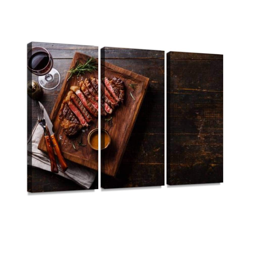 Blaverr 3-Panel Modern Wall Art - Premium Canvas Print of Grilled Ribeye Steak with Pepper Sauce & Rosemary - Food Art for Home Decor - Ready to Hang - Perfect for Living Room, Bedroom & Kitchen Decor - Ideal for Restaurant, Cafe & Dining Room Wall Decoration