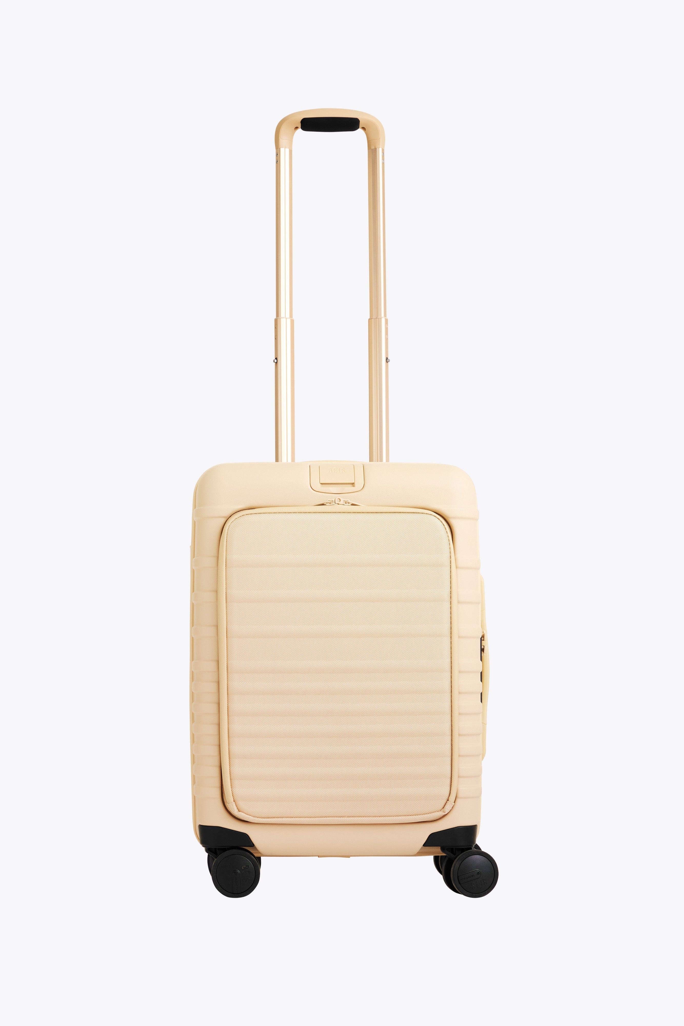 Beige Front Pocket Carry On Roller Luggage - Lightweight Expandable Suitcase for Air Travel with USB Charging Port | Perfect for Business Trips & Weekend Getaways