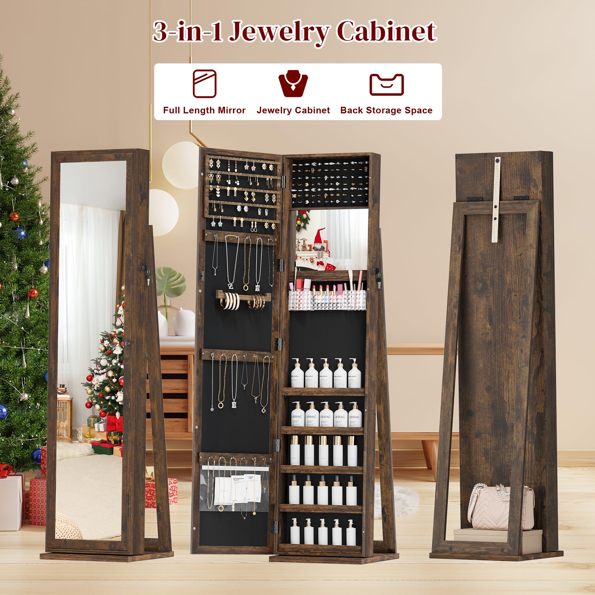 Full Length Mirror Jewelry Cabinet with Lock - Standing Jewelry Armoire Organizer for Women & Girls, Brown - Perfect for Bedroom, Closet & Dressing Room Storage