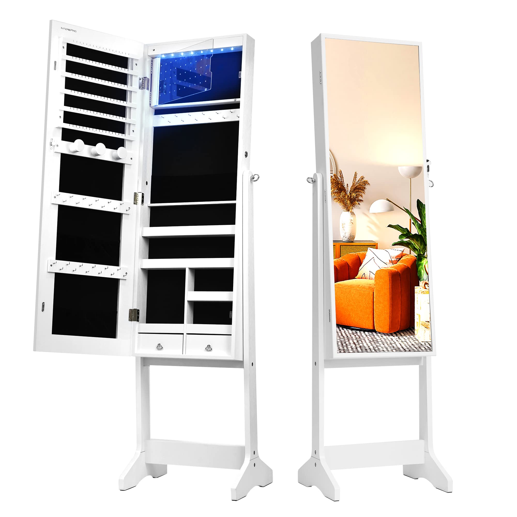 INTEREPRO Standing Jewelry Armoire Organizer - Large Jewelry Cabinet with Full-Length Mirror, 8 LED Lights & 3-Angle Adjustable Design in White | Perfect for Bedroom, Closet & Dressing Room Organization