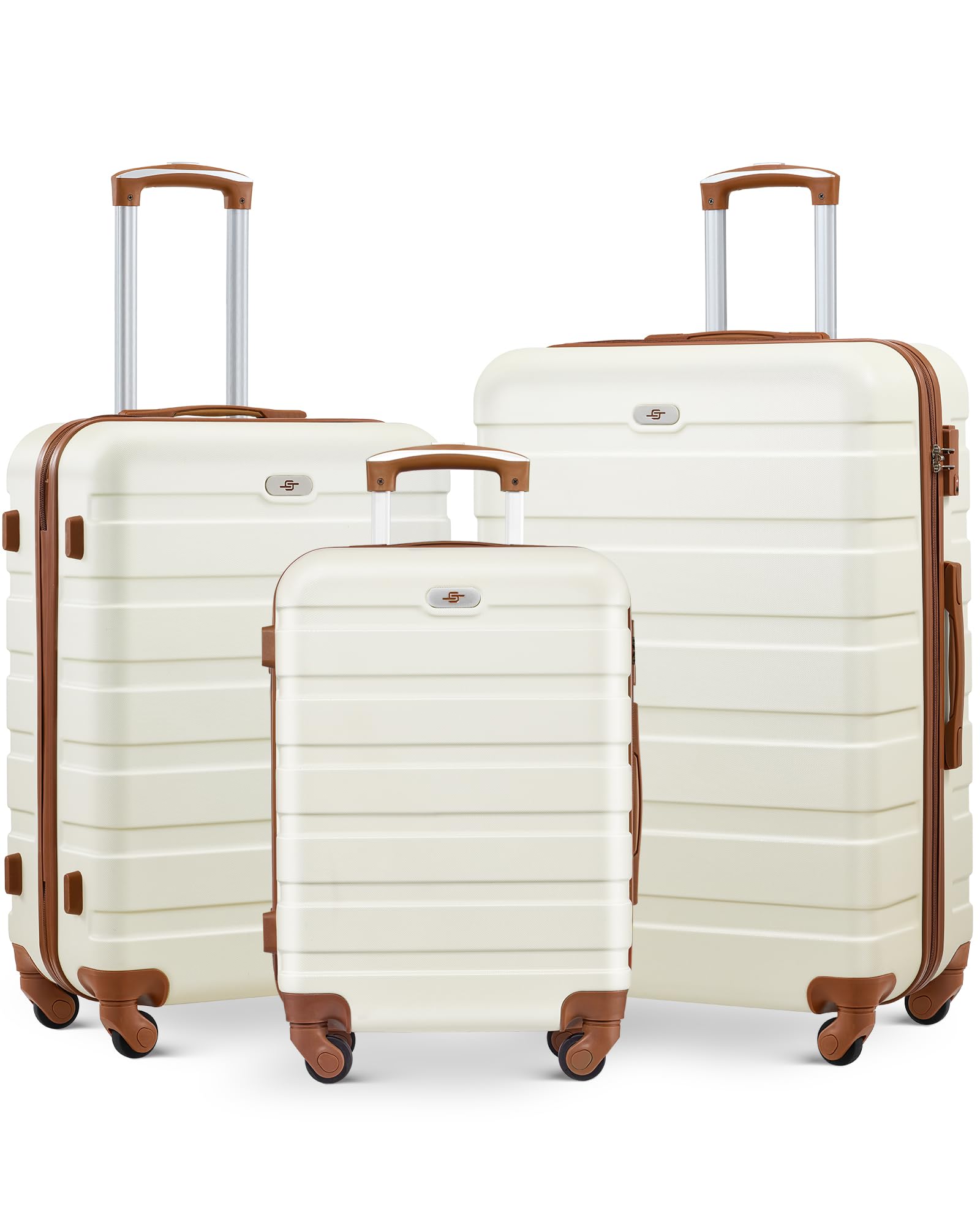 Suitour 3-Piece Hard Shell Luggage Set with Spinner Wheels & TSA Lock - 20/24/28 Inch Carry On Suitcases (White Brown) - Perfect for Business Travel, Family Vacations & International Trips