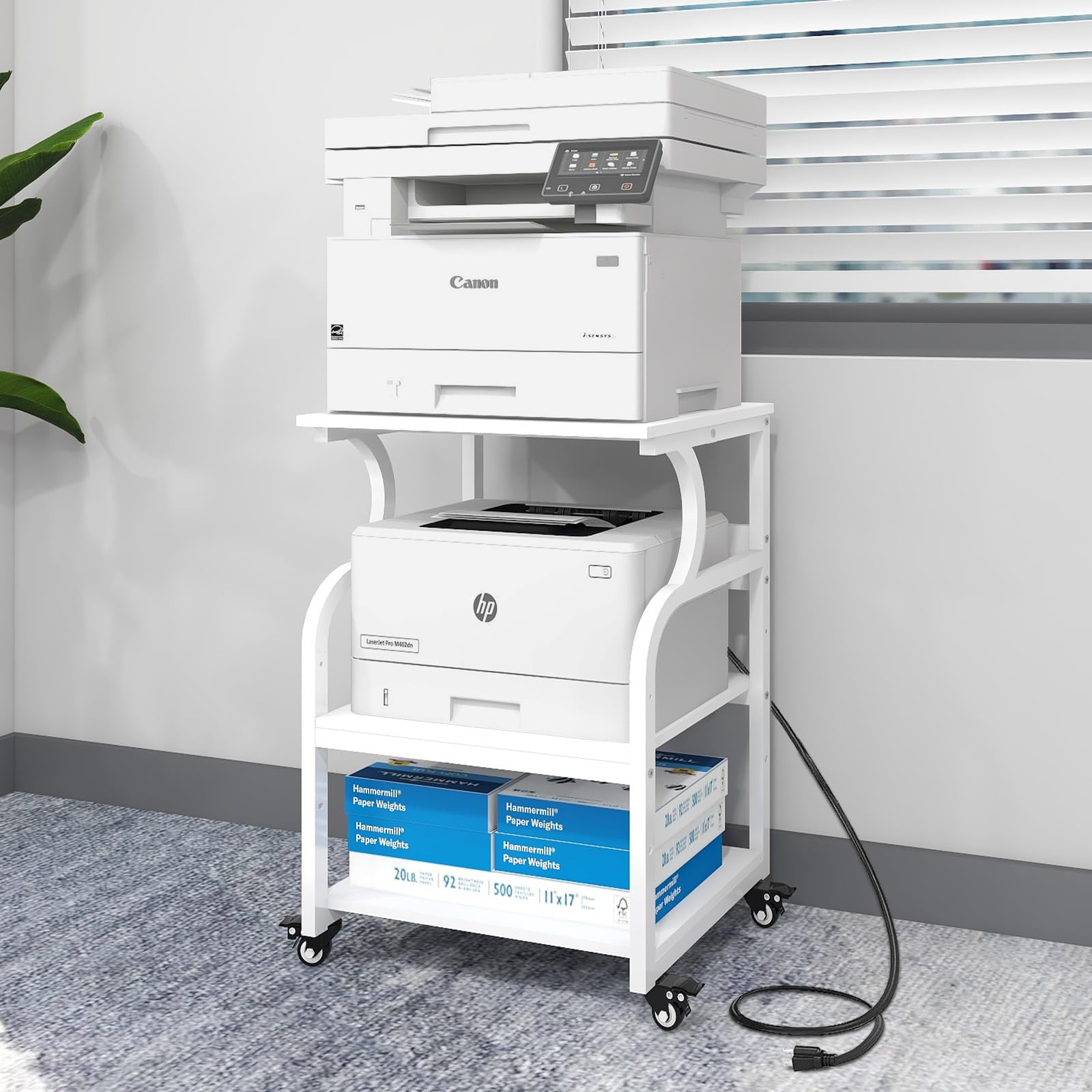 Natwind Large Adjustable 3-Tier Rolling Printer Cart with Wheels - 24''x20''x29'' Printer Stand with Storage Shelf - Multifunctional Home Office Shelves for Heat Press & 3D Printer (White) - Perfect for Craft Rooms, Office Organization & Small Business Workspaces