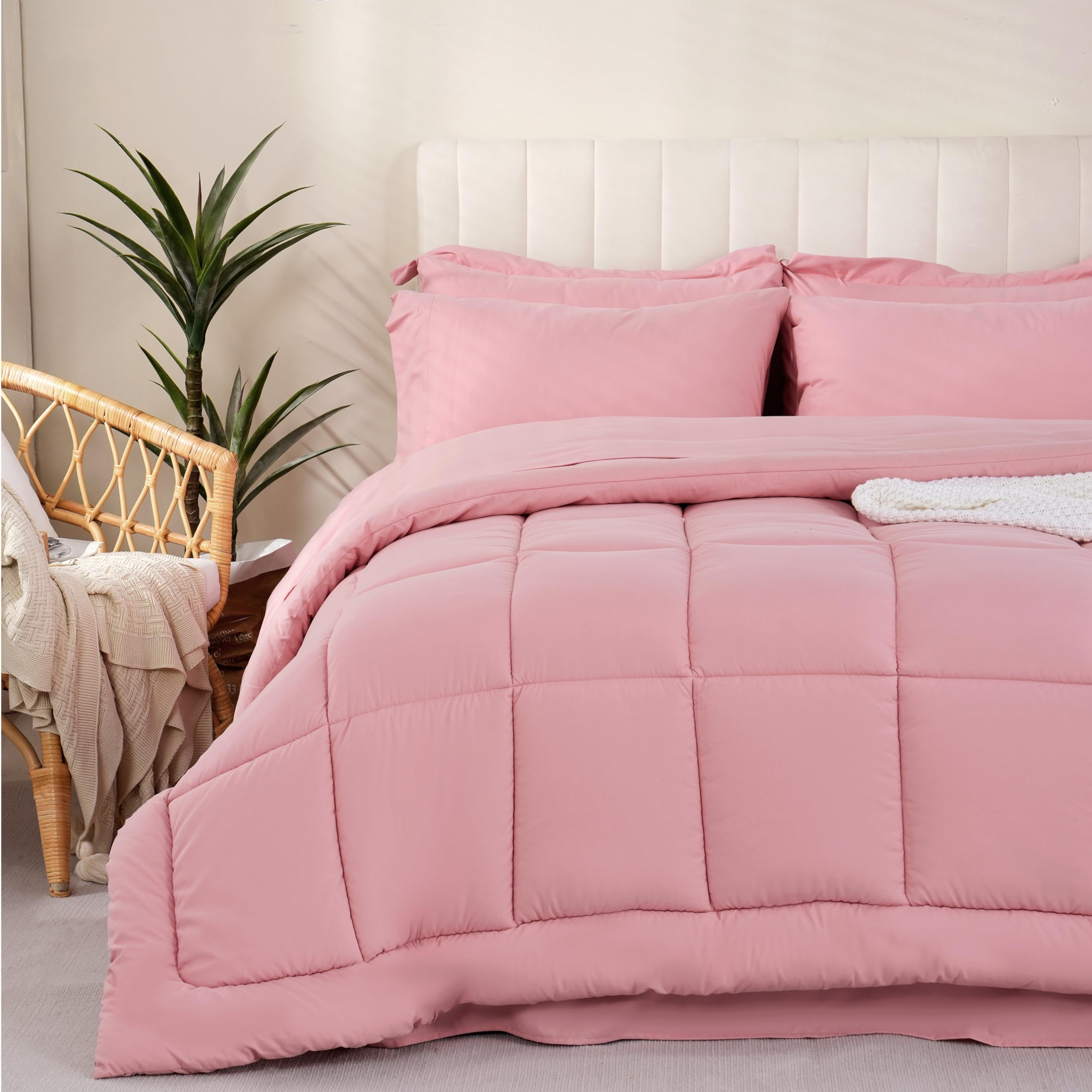 DOWNCOOL Queen Comforter Set - 7 Piece All Season Down Alternative Bedding in a Bag (Comforter, Flat Sheet, Fitted Sheet, 2 Pillow Shams & 2 Pillowcases) - Soft Pink Luxury Bedding for Master Bedroom, Guest Room & Dorm