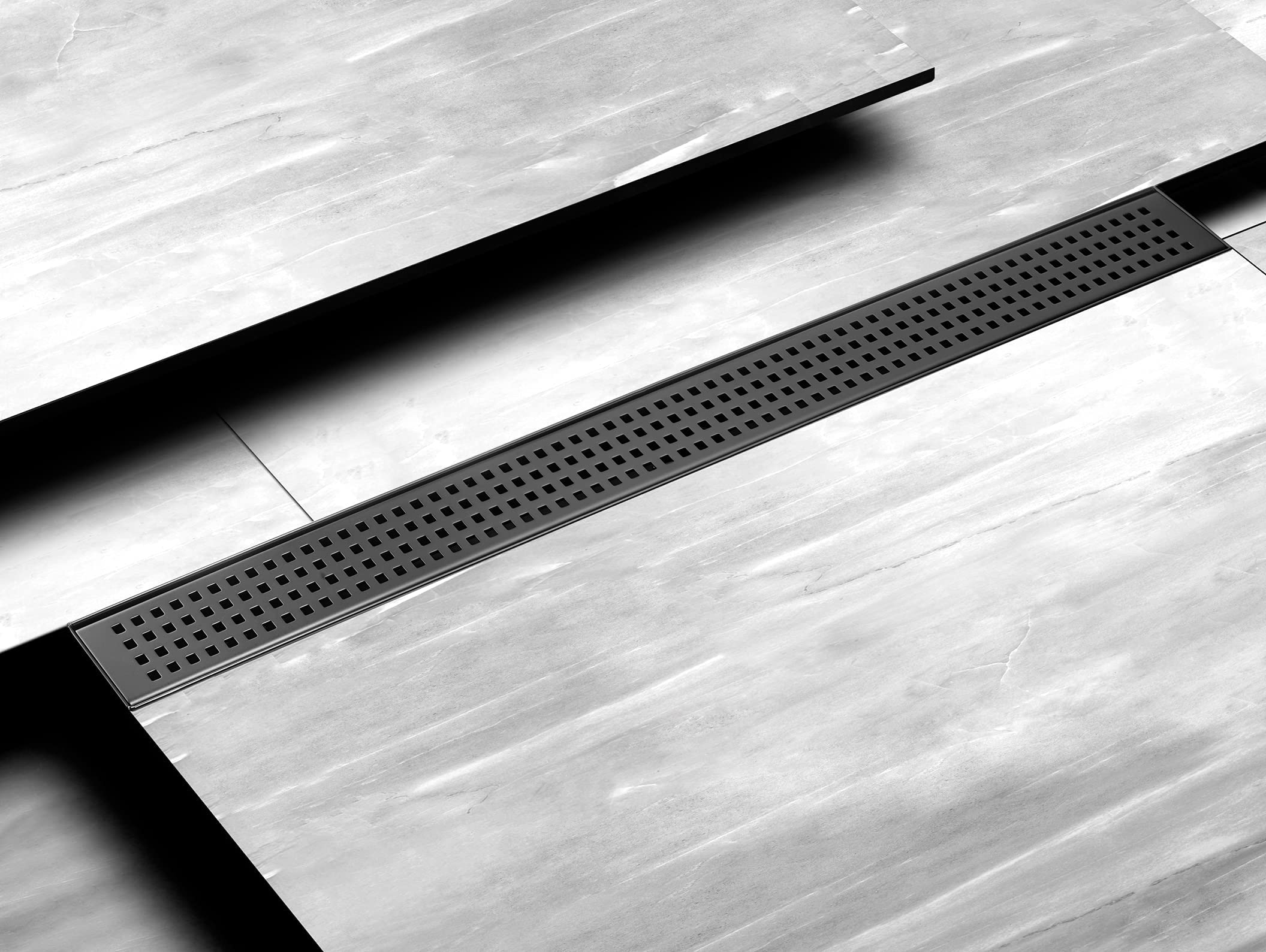HEATGENE 36-Inch Linear Shower Drain - Stainless Steel Rectangle Shower Floor Drain with Removable Quadrato Pattern Grate & Hair Strainer - Matte Black - Perfect for Modern Bathroom & Wet Room Designs