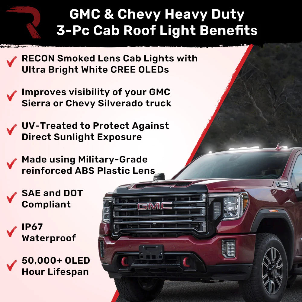 GMC & Chevy 20-24 (4th GEN) Heavy Duty Smoked Cab Roof Light Lens with White LEDs - 3 Piece Set for Trucks Without Factory Roof Lights | Off-Road Lighting Upgrade for Night Driving & Work Sites
