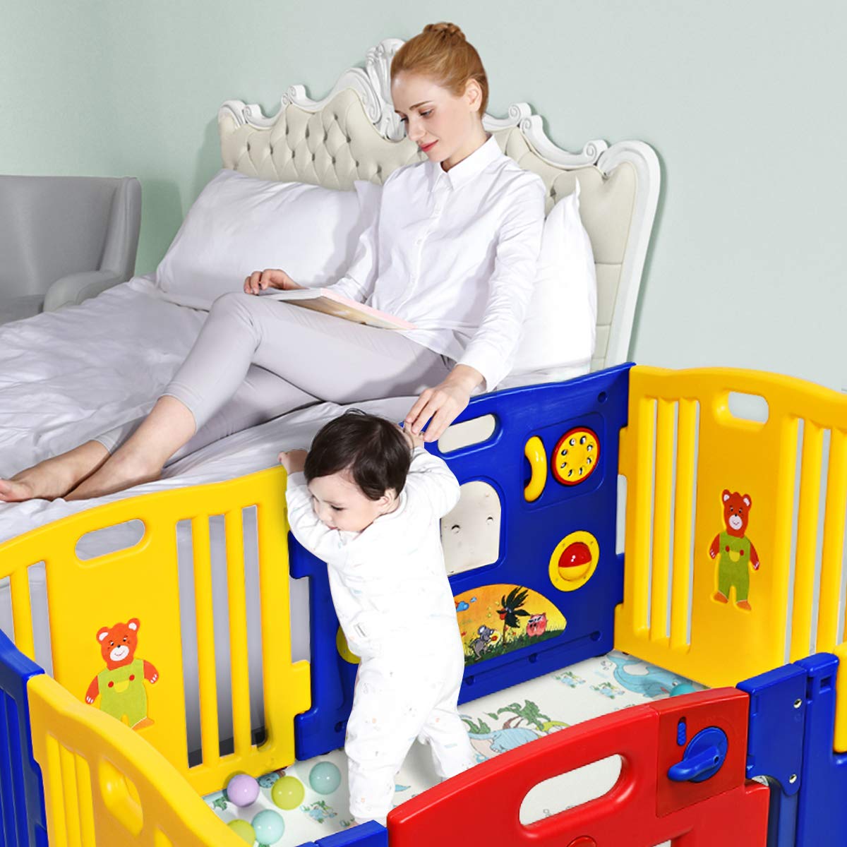 GYMAX Kids Play Fence with Gate & Lock - Durable Plastic Playpen, Foldable & Expandable Design, Non-Slip Suction Cups for Indoor Safety - Perfect for Toddlers, Home, Daycare & Kindergarten Play Areas