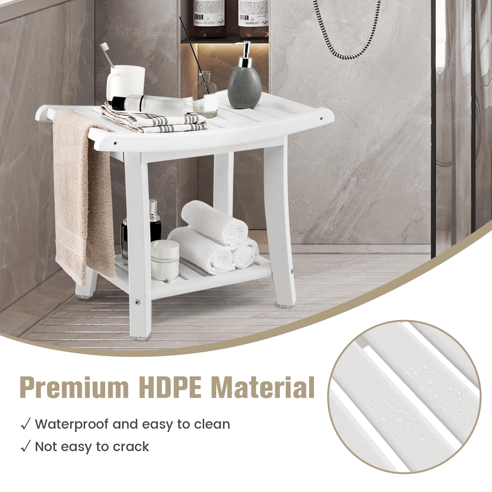 Giantex Shower Chair with Storage Shelf - Non-Slip Waterproof HDPE Shower Seat with Handles & Adjustable Feet - 2-Tier Bathroom Stool for Seniors, Adults & Disabled - Perfect for Bathtub Safety & Shower Accessibility