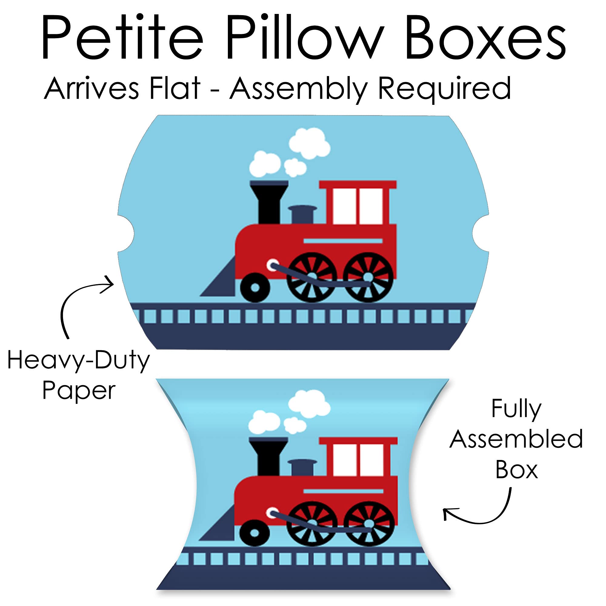 Big Dot of Happiness Railroad Party Crossing Favor Gift Boxes - Set of 20 Steam Train Themed Petite Pillow Boxes for Birthday Parties, Baby Showers & Special Events - Perfect for Train-Themed Decorations & Party Favors