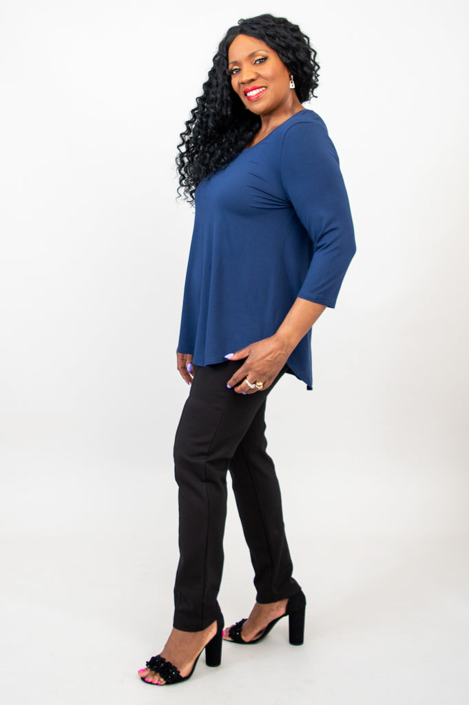 Jazz 3/4 Sleeve Top for Women - Soft Bamboo Fabric in Indigo Blue - Perfect for Casual Wear, Yoga & Summer Outfits