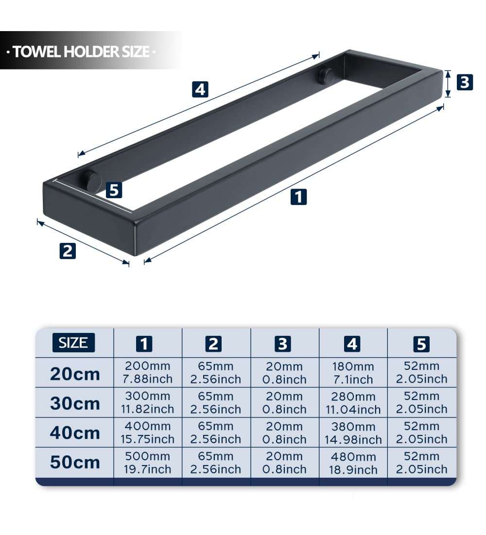 20/30/40/50cm Black Matte 304 Stainless Steel Wall-Mounted Self-Adhesive Towel Holder Ring - Bathroom Towel Rail Bar for Kitchen, Spa & Home Decor