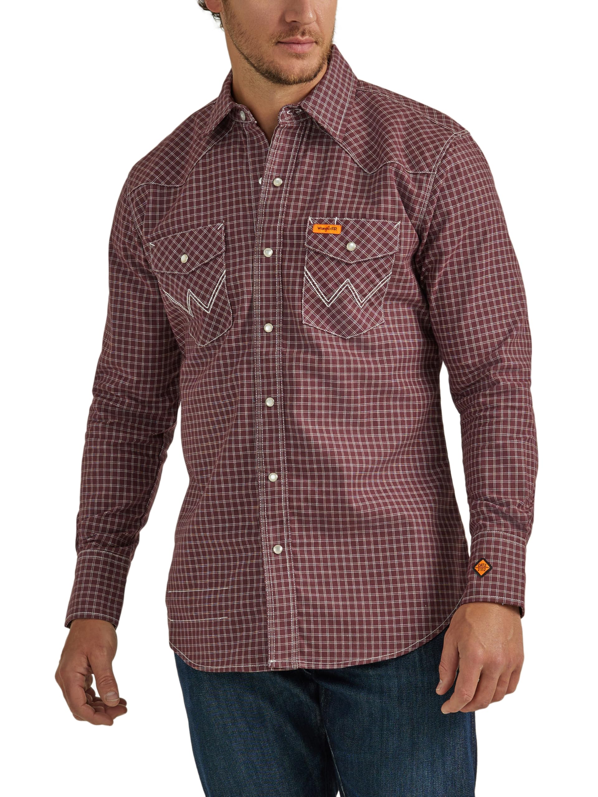 Wrangler Men's Flame Resistant Work Shirt - FR Western Long Sleeve Snap Front Shirt with Two Pockets for Ranch Work, Construction & Outdoor Safety