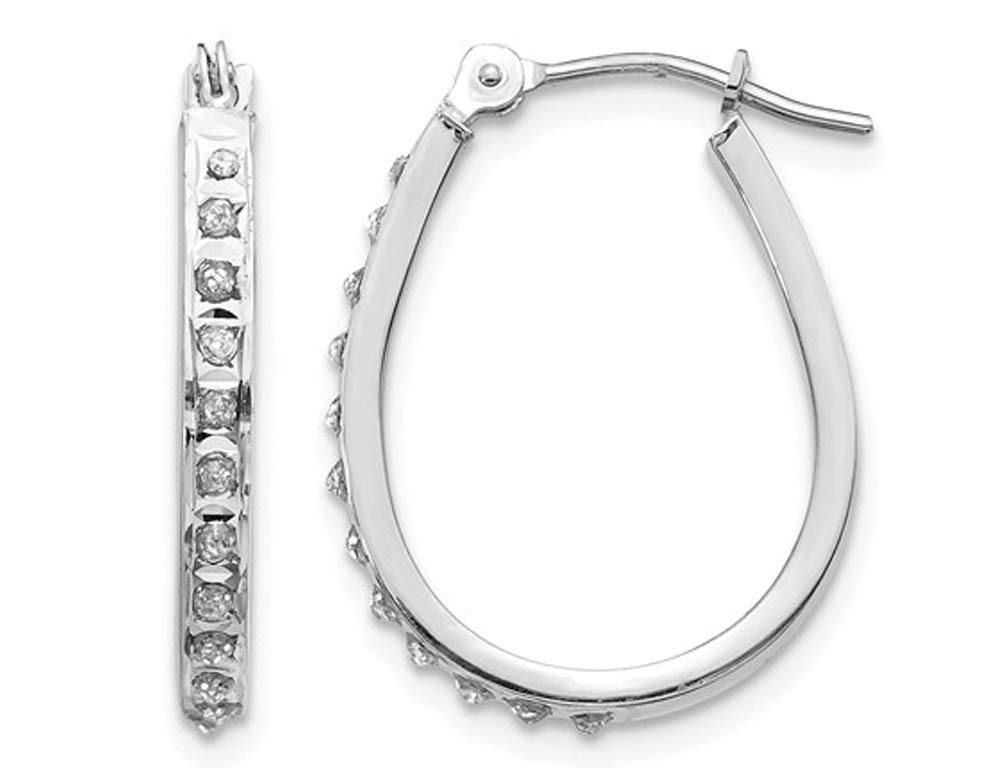 14K White Gold Diamond Accent Oval Hoop Earrings - 3/4 Inch Elegant Dangle Earrings for Women, Perfect for Weddings, Parties & Everyday Wear