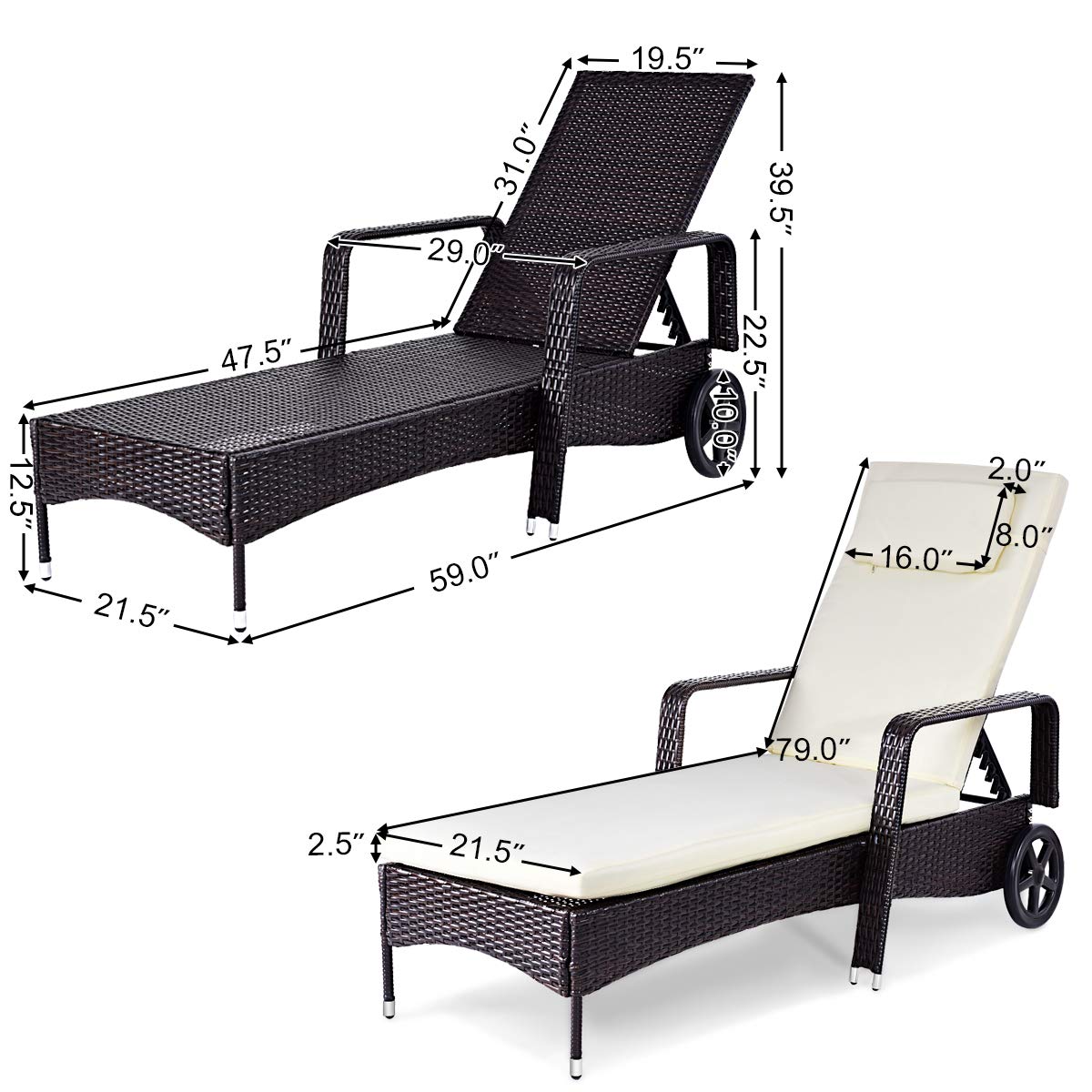 Casart Outdoor Rattan Recliner Chair - Adjustable Patio Chaise Lounge with Wheels for Poolside, Garden & Backyard Relaxation