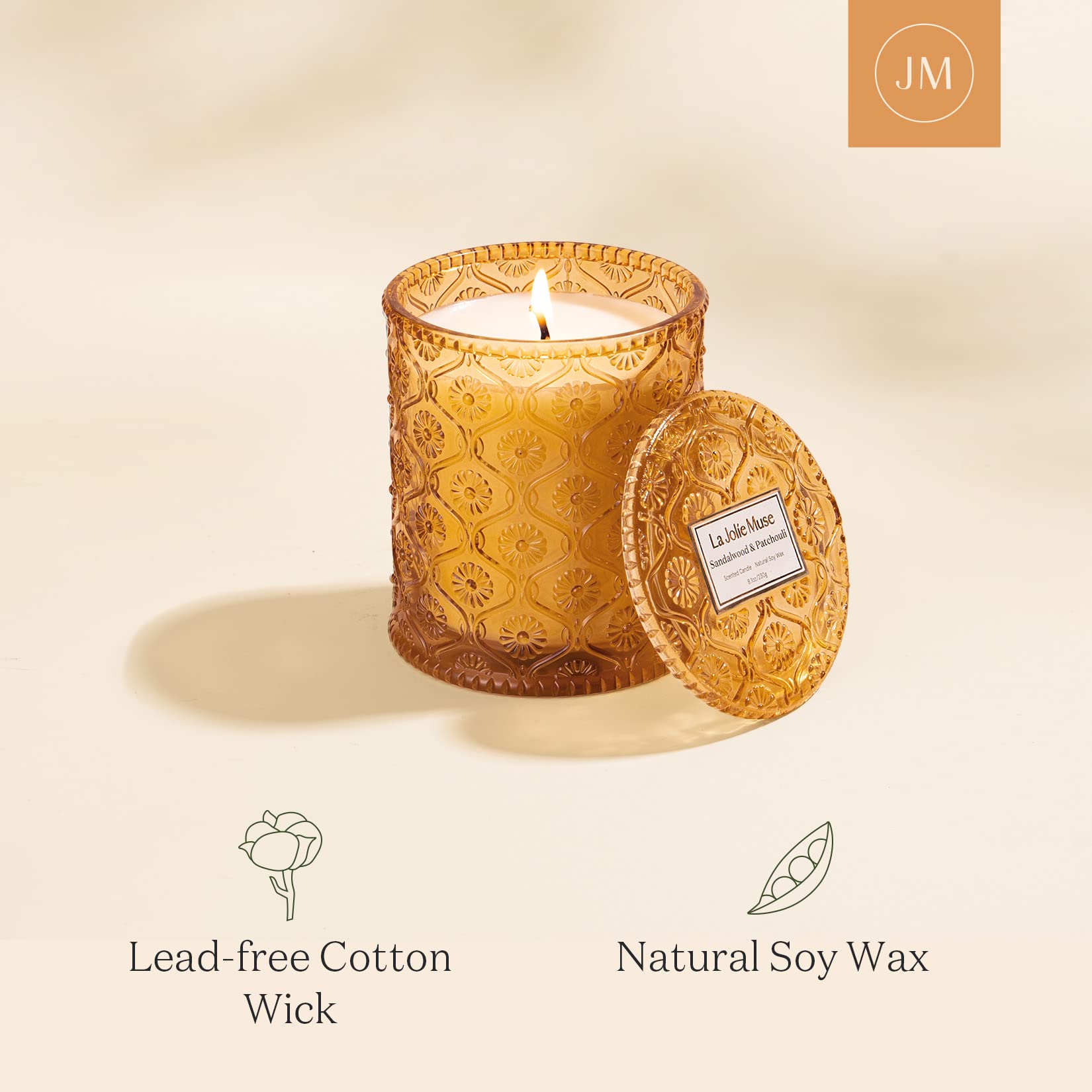 LA JOLIE MUSE Sandalwood Scented Candle - Himalayan Santal Aroma, 6oz Soy Wax Candle with 40-Hour Burn Time, Luxury Home Decor & Relaxing Gift for Women - Perfect for Spa Nights, Meditation & Cozy Home Ambiance
