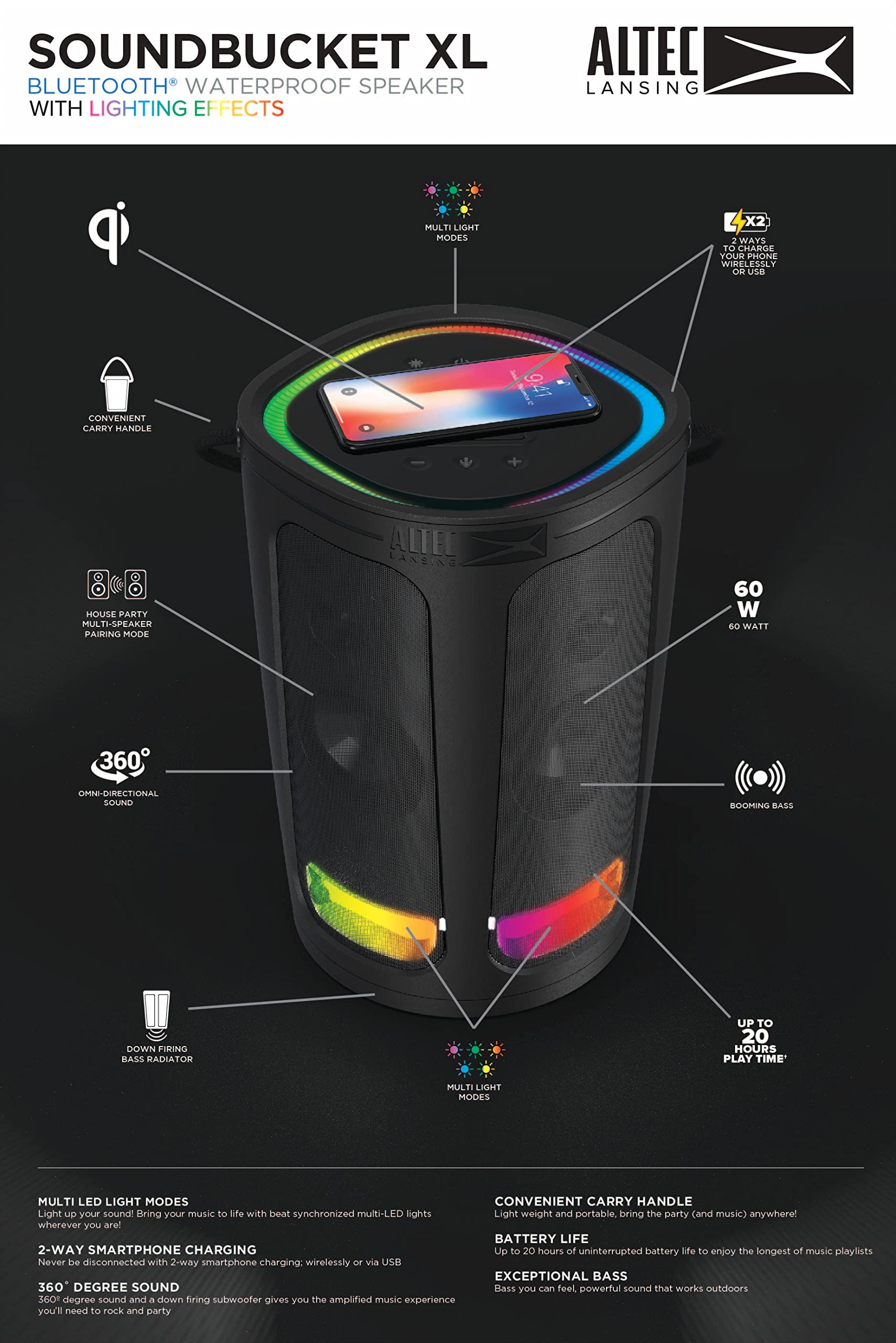 Altec Lansing Soundbucket XL Waterproof Bluetooth Speaker - Wireless LED Light Show, Qi Charging Pad, 20H Playtime, 100ft Range | Perfect for Pool Parties, Beach Outings & Outdoor Adventures