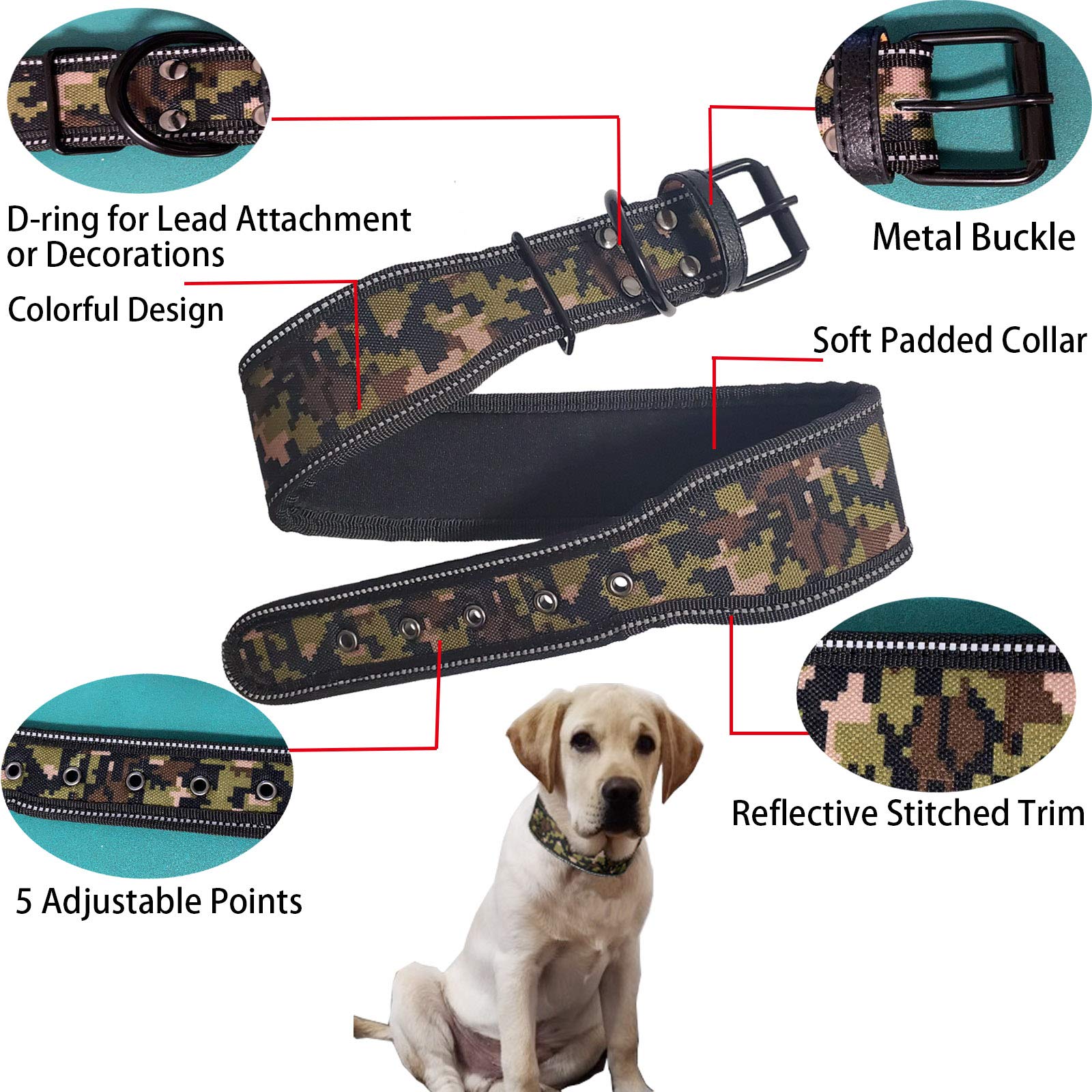 Reflective Adjustable Heavy Duty Padded Dog Collar with Soft Lining - 2