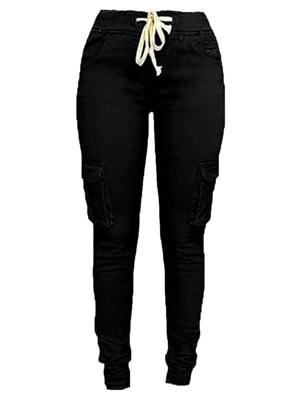 Andongnywell Women's Stretch Cargo Joggers - Solid Color Drawstring Skinny Pants with Pockets & Tie Waist for Butt Lift | Casual Workout, Running, Yoga & Lounge Wear
