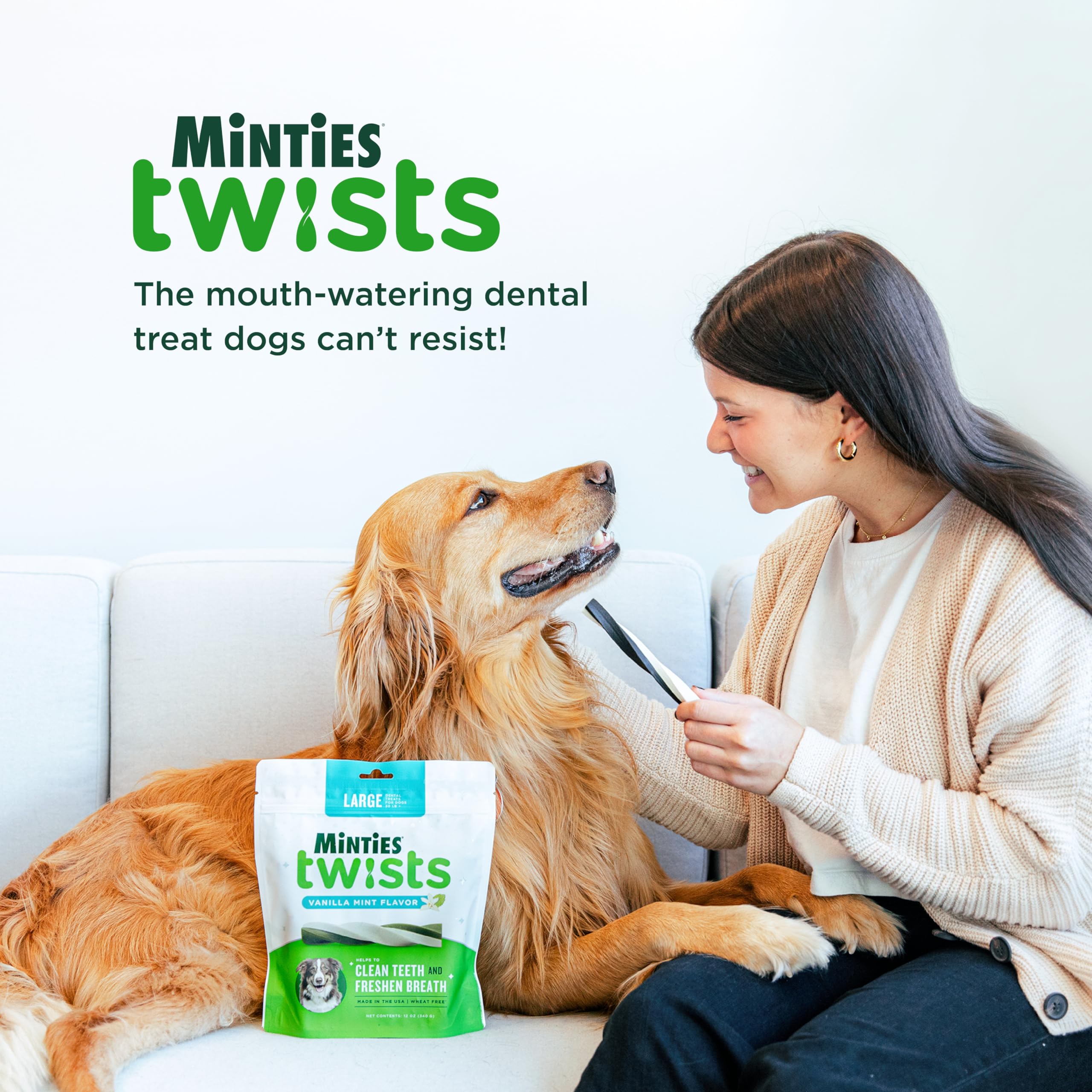 Minties Dental Twists for Dogs - Vet Recommended Vanilla Flavored Dental Chews for Teeth Cleaning, Bad Breath Control & Plaque Removal - 12oz Green Dog Treats (Pack of 1) - Perfect for Daily Oral Care & Puppy Dental Hygiene
