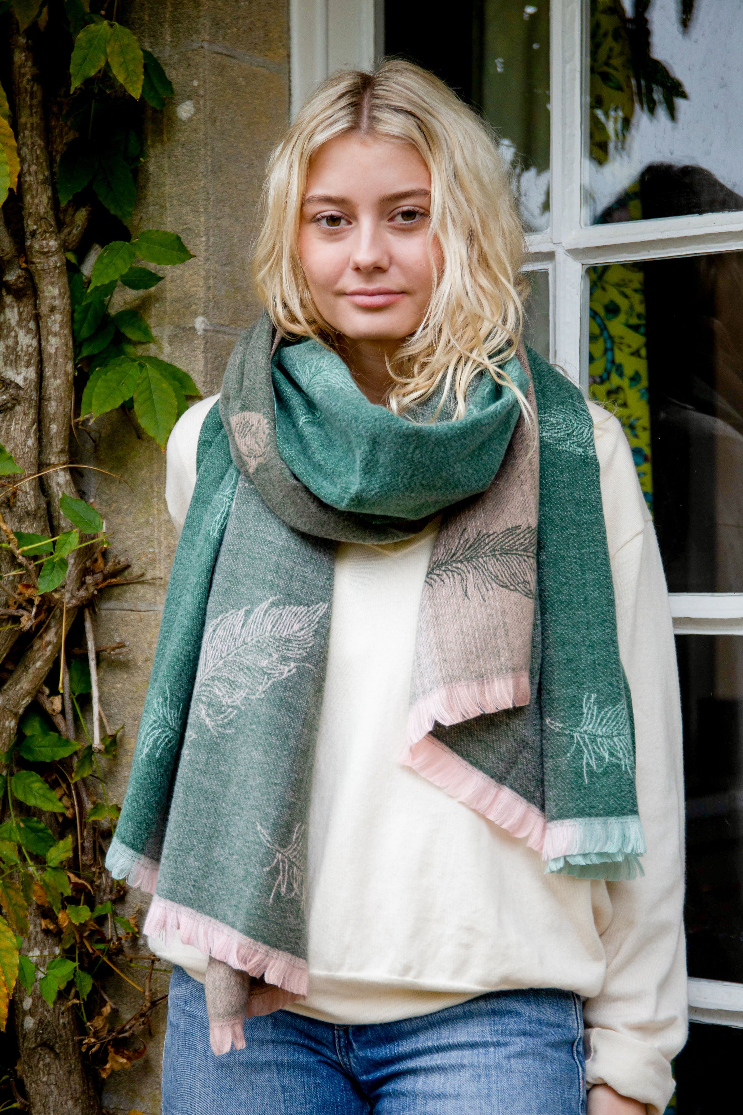 Stylish Forest Green to Dusky Pink Leaf Embossed Scarf - Soft Womens Fashion Accessory for Fall Outfits, Winter Layering & Boho Chic Looks