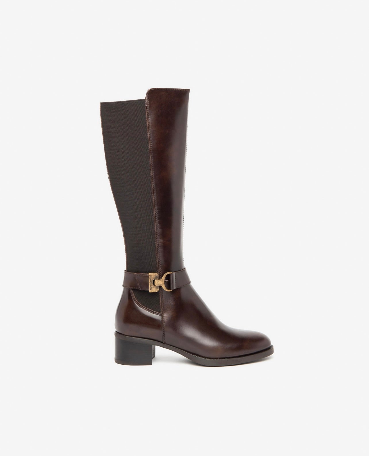 Brown Genuine Leather Stretch Buckle Knee High Boots for Women - Comfortable & Stylish Winter Fashion Booties for Office, Party & Night Out
