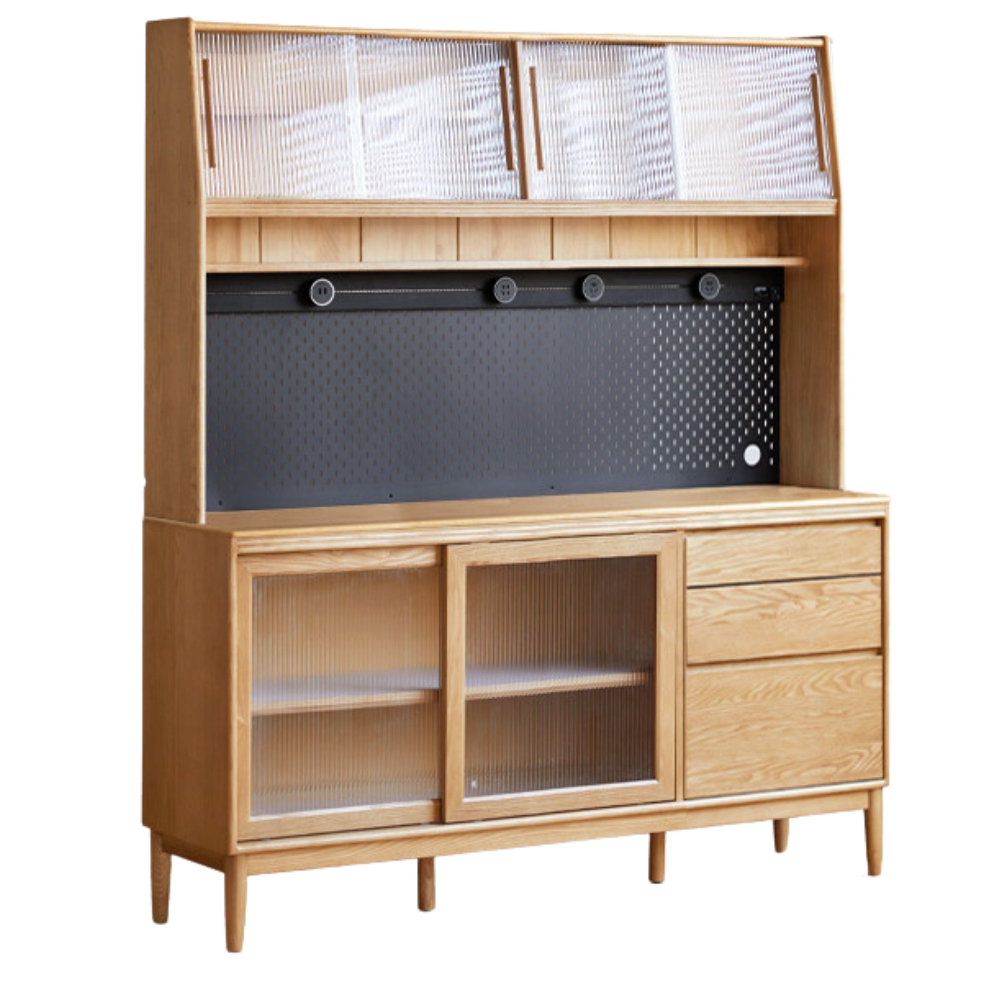 70.9x17.3x78.7 inch / 180x44.6x200.8 cm /Natural Wood Color /Ash solid wood sideboard + upper shelf + bull rail with waterproof drawer bottom mat + seven-piece perforated board set