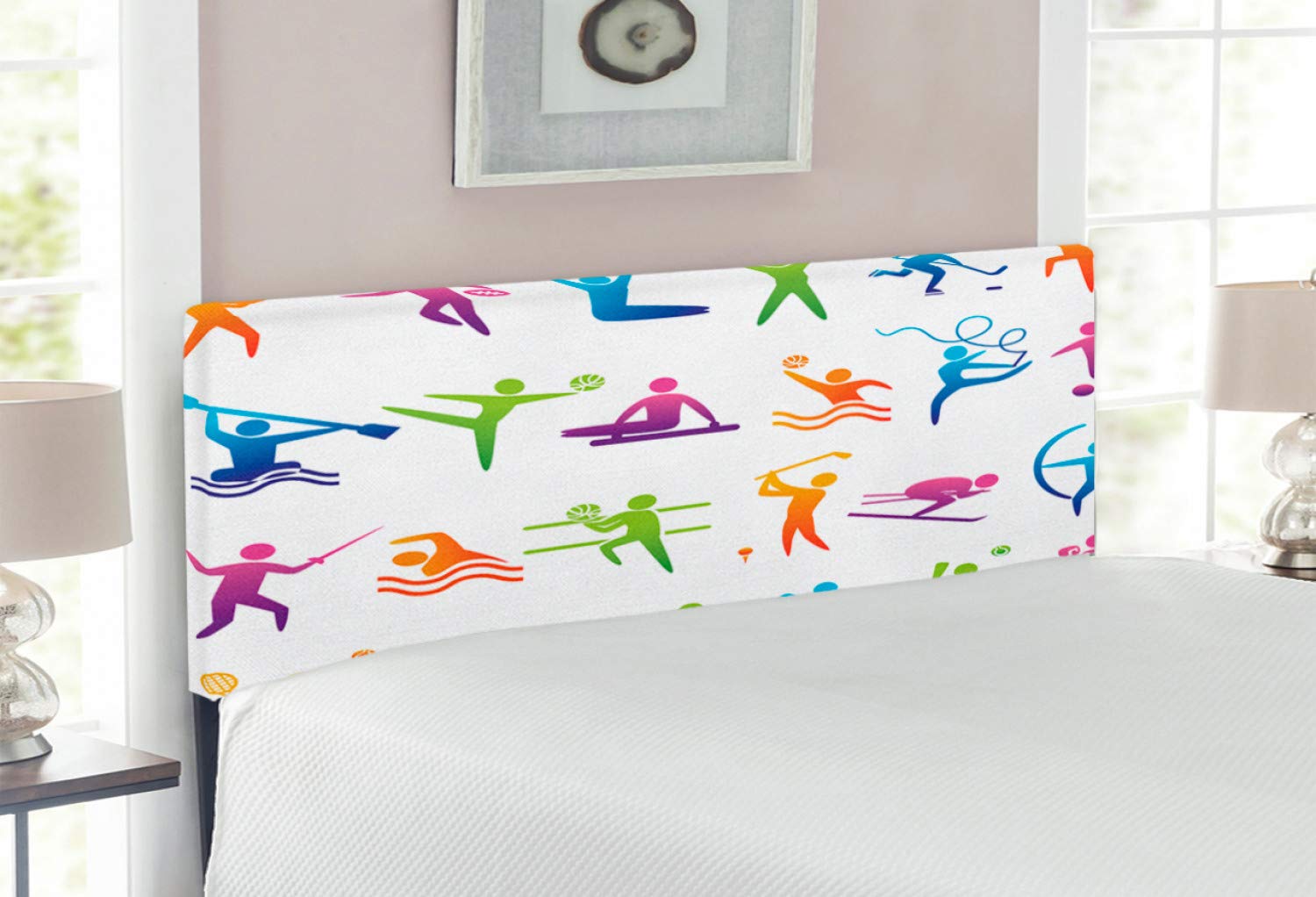 Ambesonne Sports Headboard - Upholstered Boxing Theme Metal Bed Headboard with Memory Foam, Full Size, Multicolor | Motivational Sports Decor for Athlete Bedrooms & Man Caves