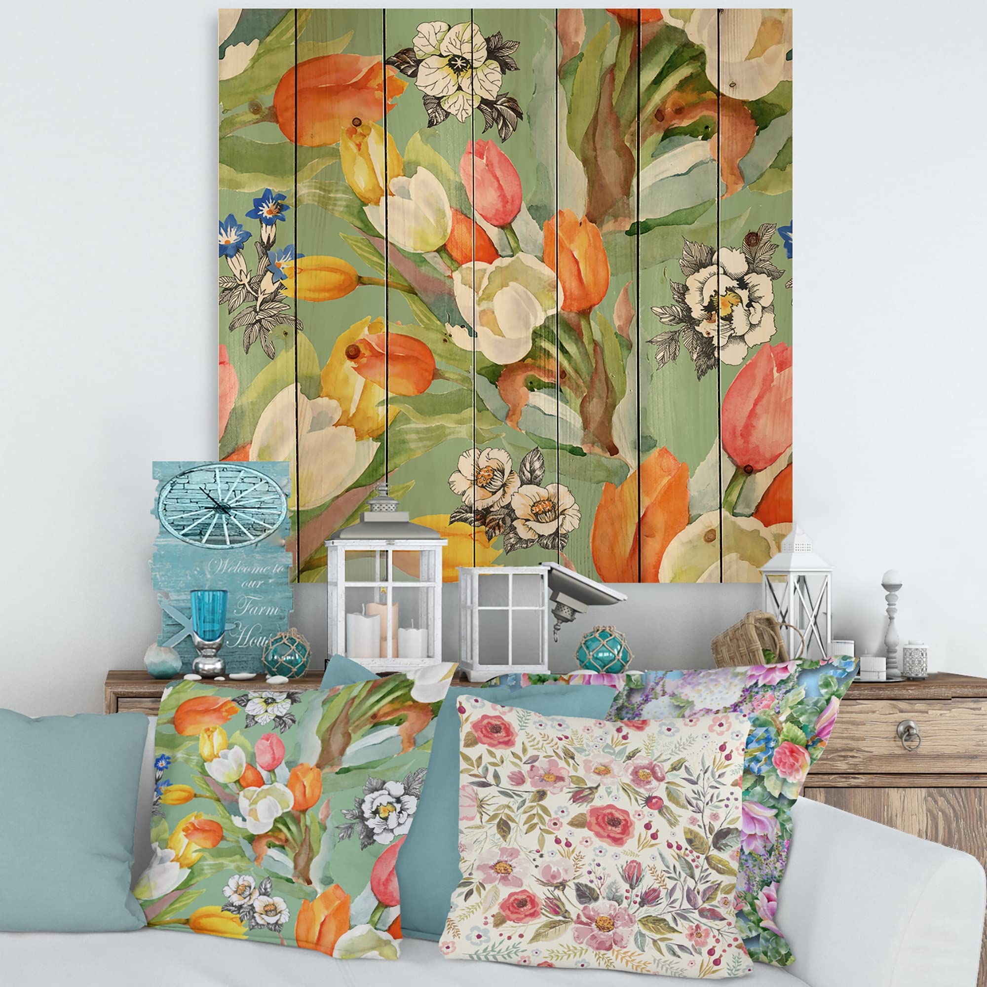 Blooming Tulips Wood Wall Art - White & Orange Floral Decor for Living Room
