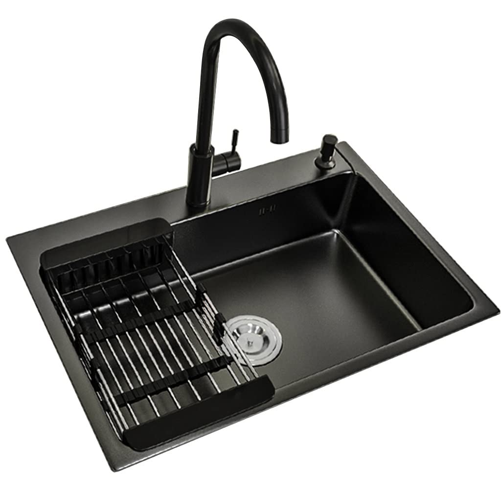 Premium Stainless Steel Single Bowl Kitchen Sink with Faucet & Drain - Black RV Sink for Bar Prep (55x45x22cm) | Drop-in or Undermount Installation | Perfect for RV, Camper, Tiny House & Small Kitchen Spaces