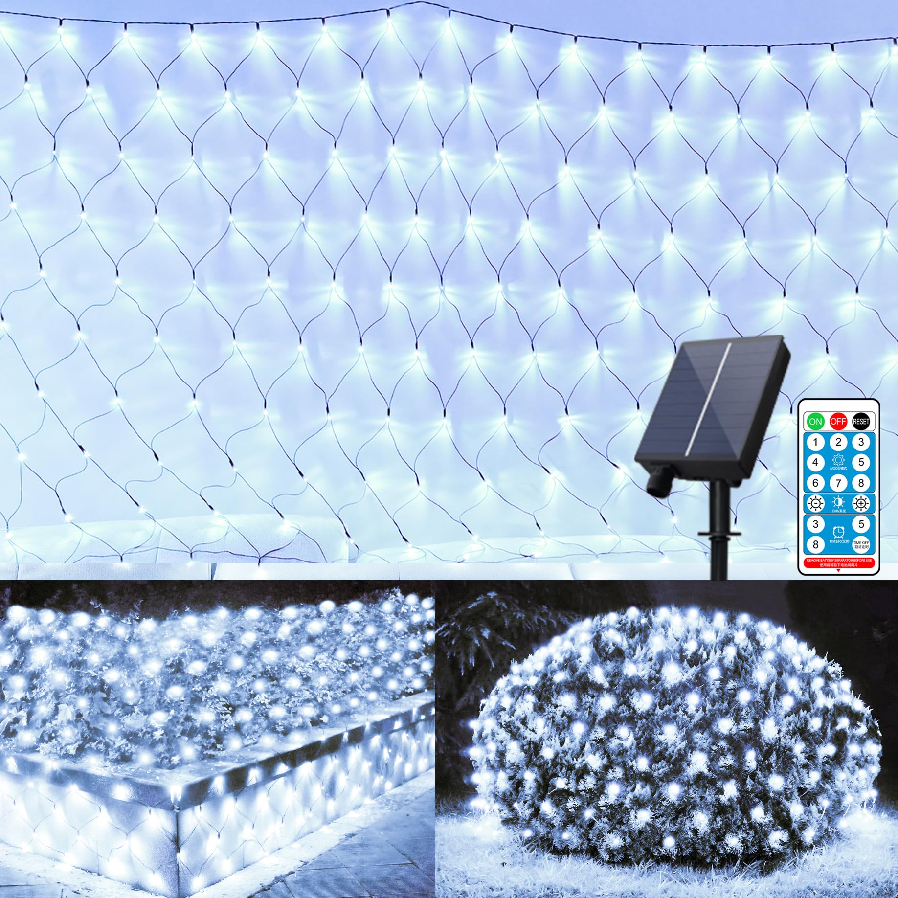 11.5 ft x 5 ft Solar Powered Outdoor Mesh Lights - 240 LED Waterproof String Lights with Remote Control, 8 Lighting Modes for Garden, Patio, Trees, Bushes, Wall Decor - Perfect for Christmas, Parties, Weddings & Backyard Lighting (Cool White)