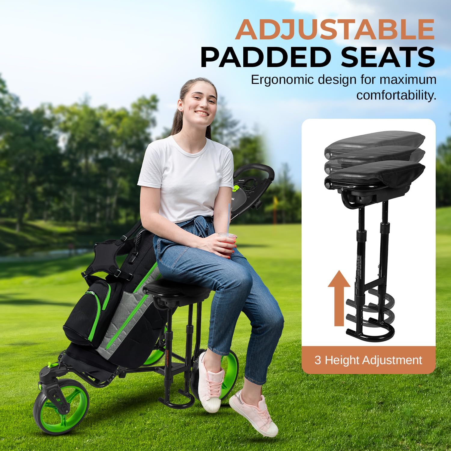 JOVIAL 3 Wheel Golf Push Pull Cart with Built-in Seat - Lightweight Foldable Golf Caddy Accessories | Includes Scorecard Holder, Water Bottle/Mobile/Umbrella/Towel Holder | Perfect for Golf Course Relaxation & Walking Rounds