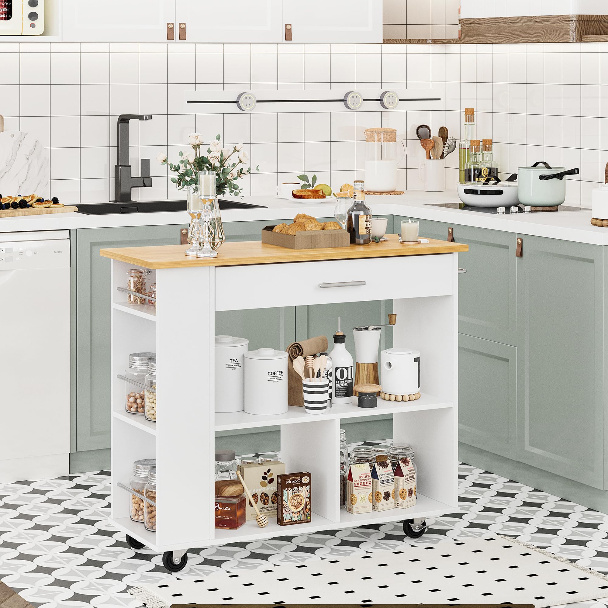 SUNLEI 3-Tier Rolling Kitchen Cart with Spice Rack & Storage Cabinet - Lockable Wheels, Towel Handle & 2 Open Shelves - White | Mobile Kitchen Island Organizer for Small Spaces, Pantry Storage & Cooking Station